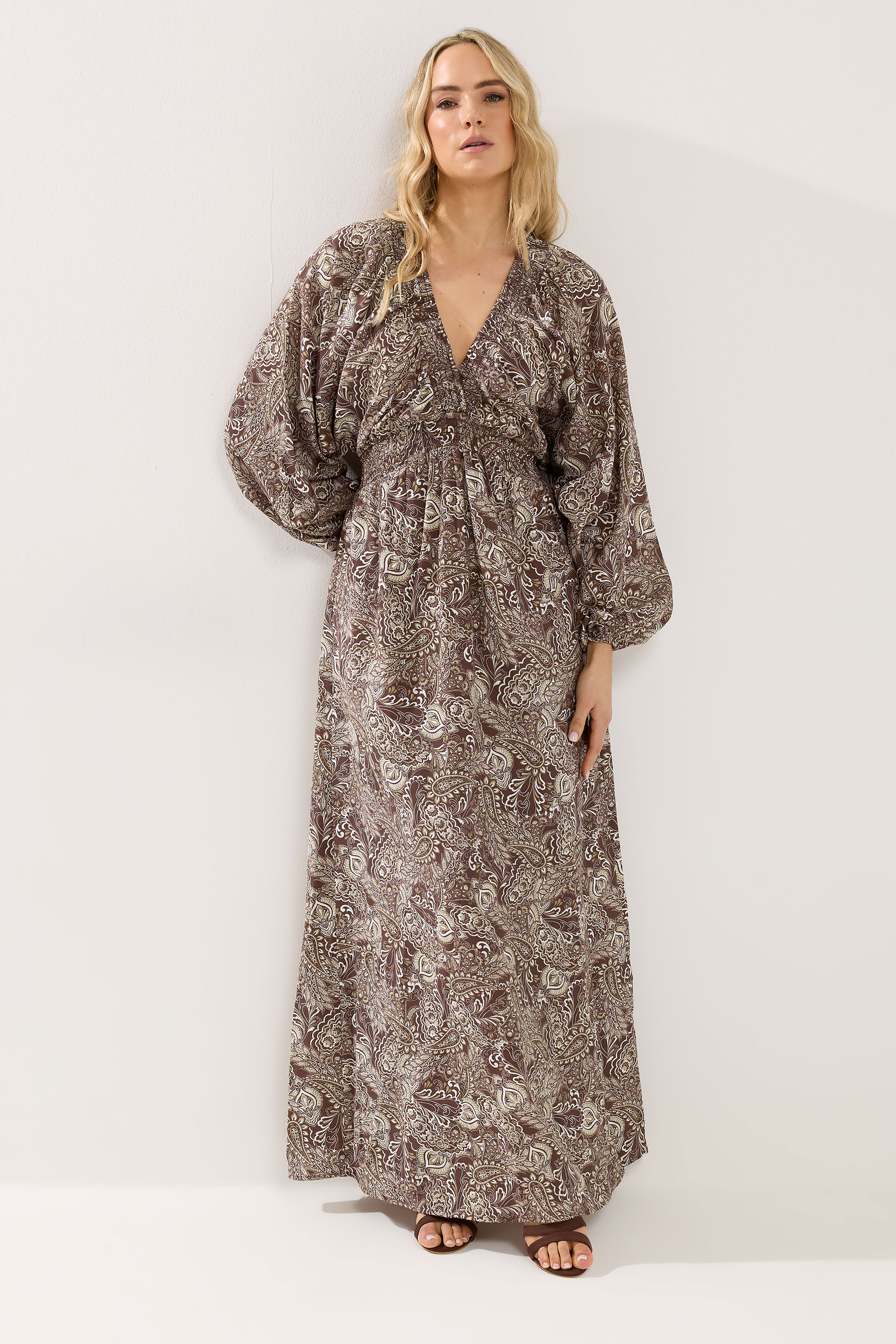 LTS Tall Women's Chocolate Brown Paisley Shirred Maxi Dress | Long Tall Sally 3