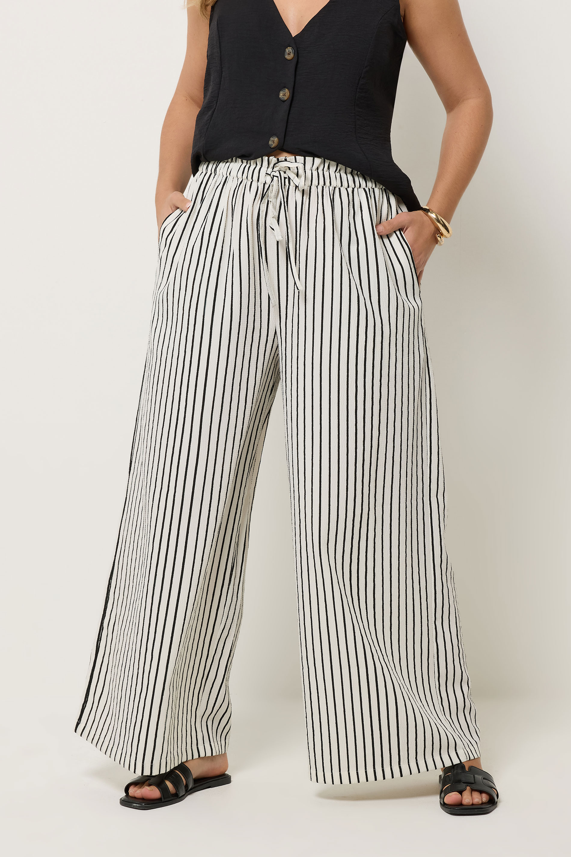 YOURS Plus Size White Stripe Paper Bag Waist Trousers | Yours Clothing 3