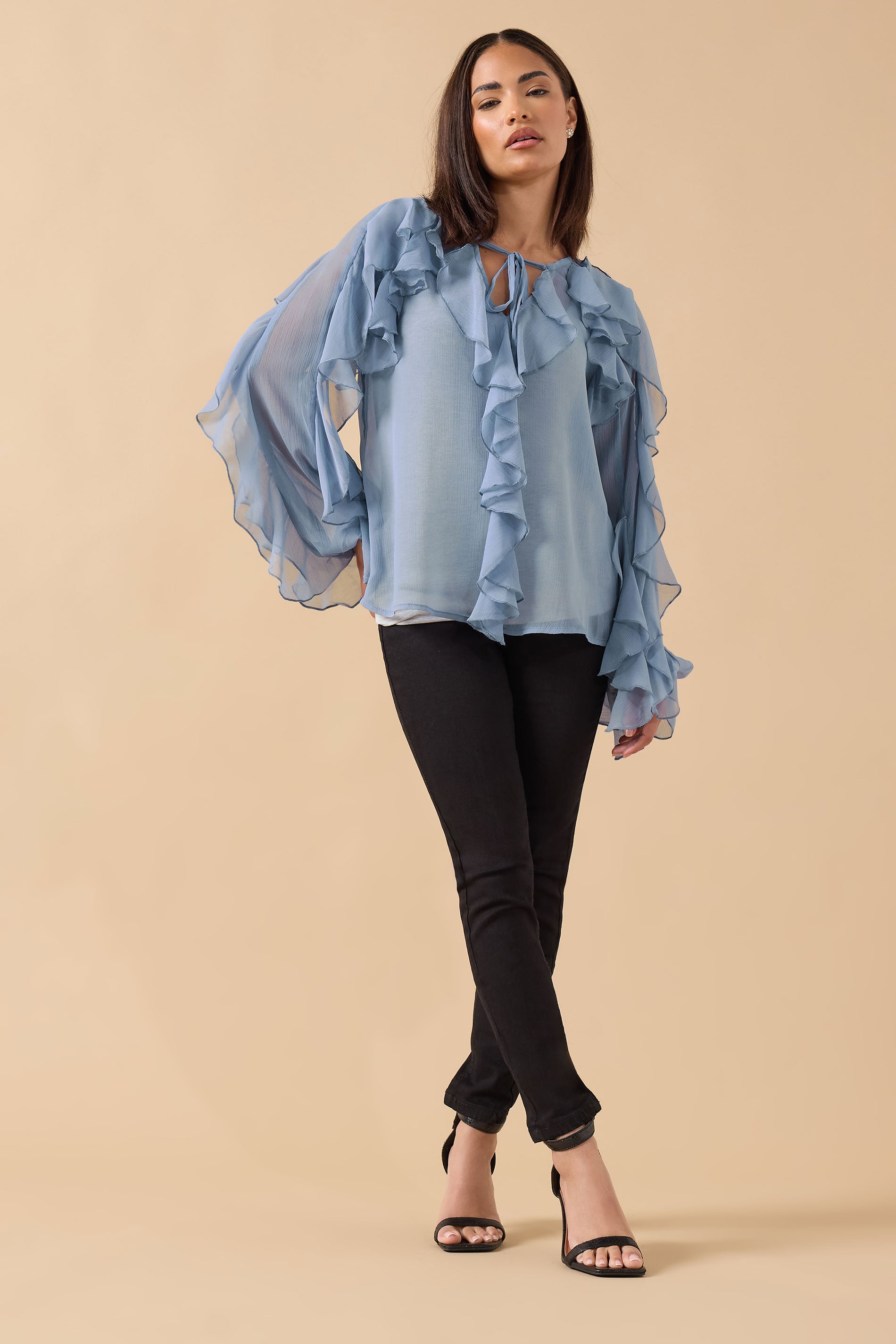 PixieGirl Petite Women's Blue Chiffon Frill Cotton Blouse | PixieGirl 1