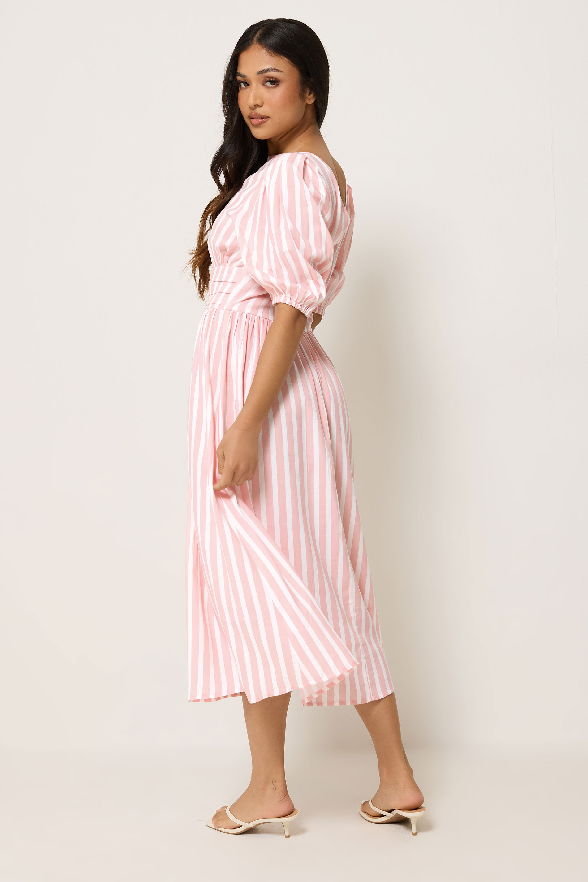 PixieGirl Petite Women's Pink Stripe Puff Sleeve Midi Dress | PixieGirl 2