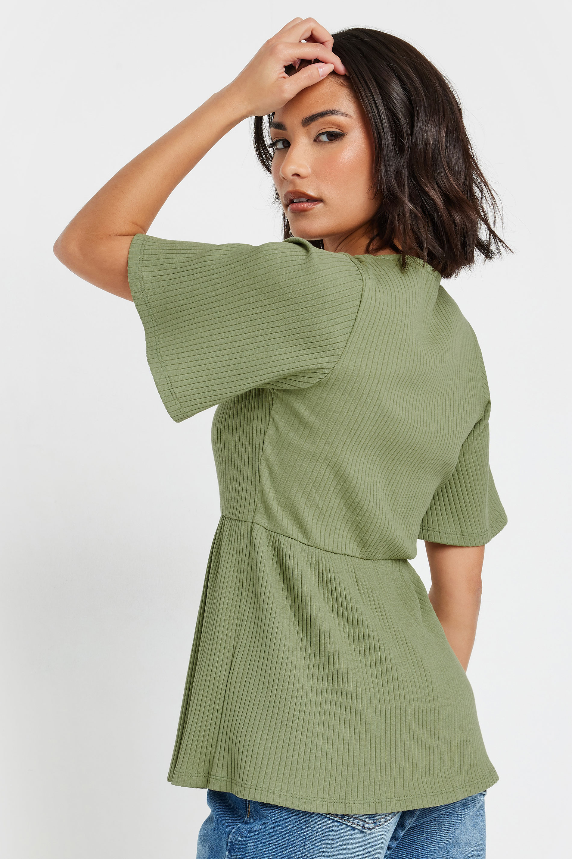 PixieGirl Petite Women's Sage Green Ribbed Smock Top | PixieGirl 2