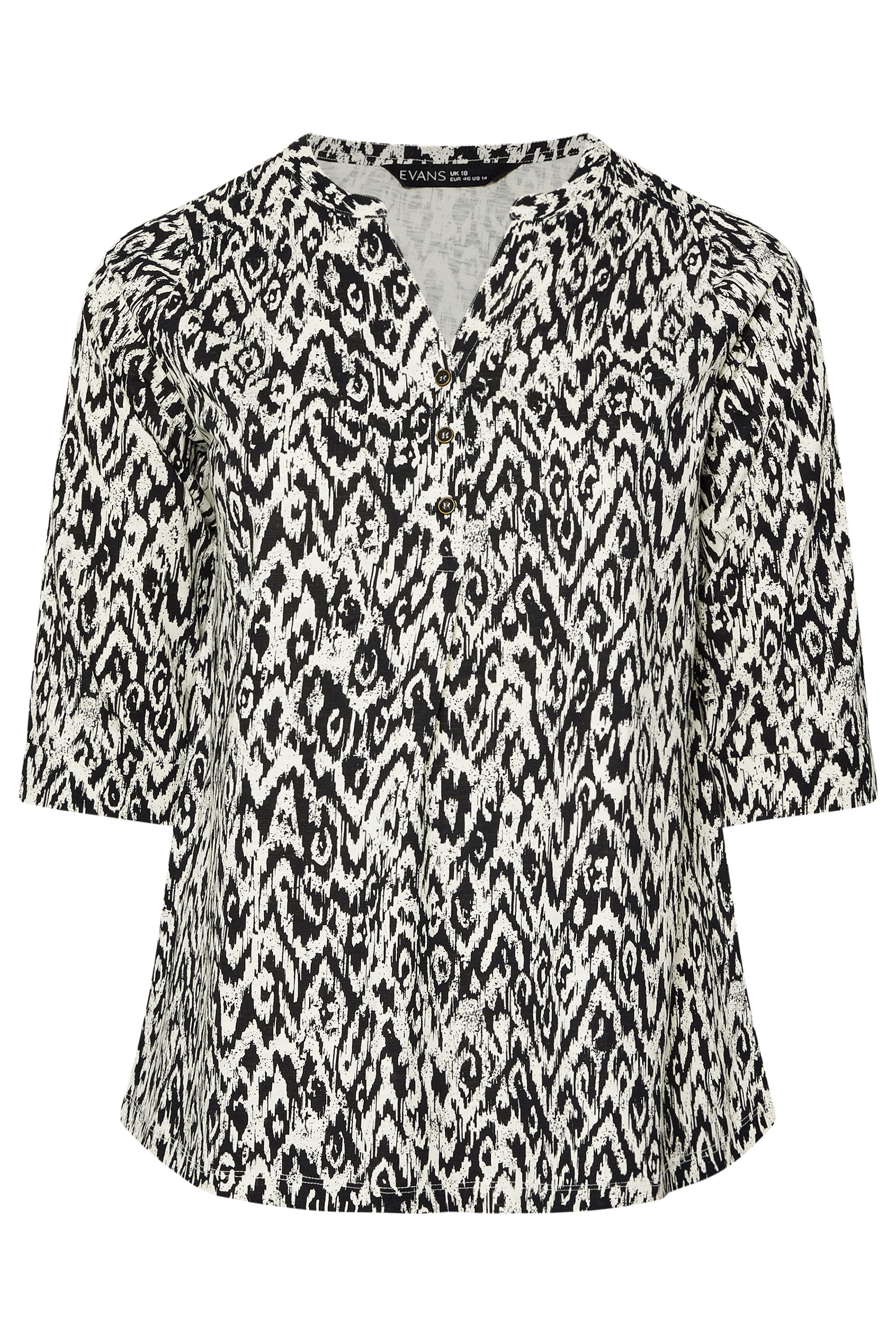 EVANS Plus Size Black Abstract Print Pleat Front Henley Top | Evans 5