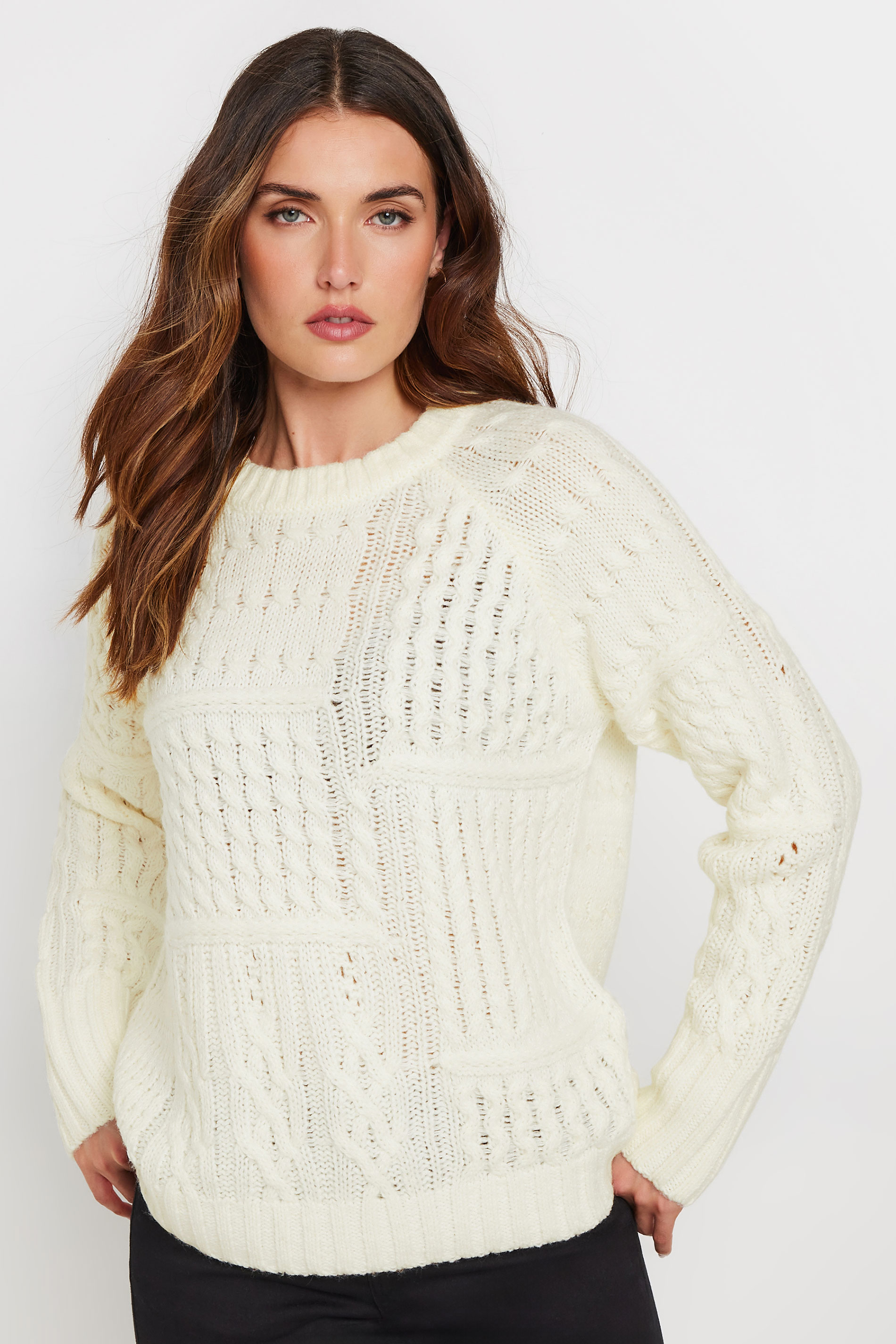 LTS Tall Women's Ivory White Patchwork Cable Knit Jumper | Long Tall Sally 3