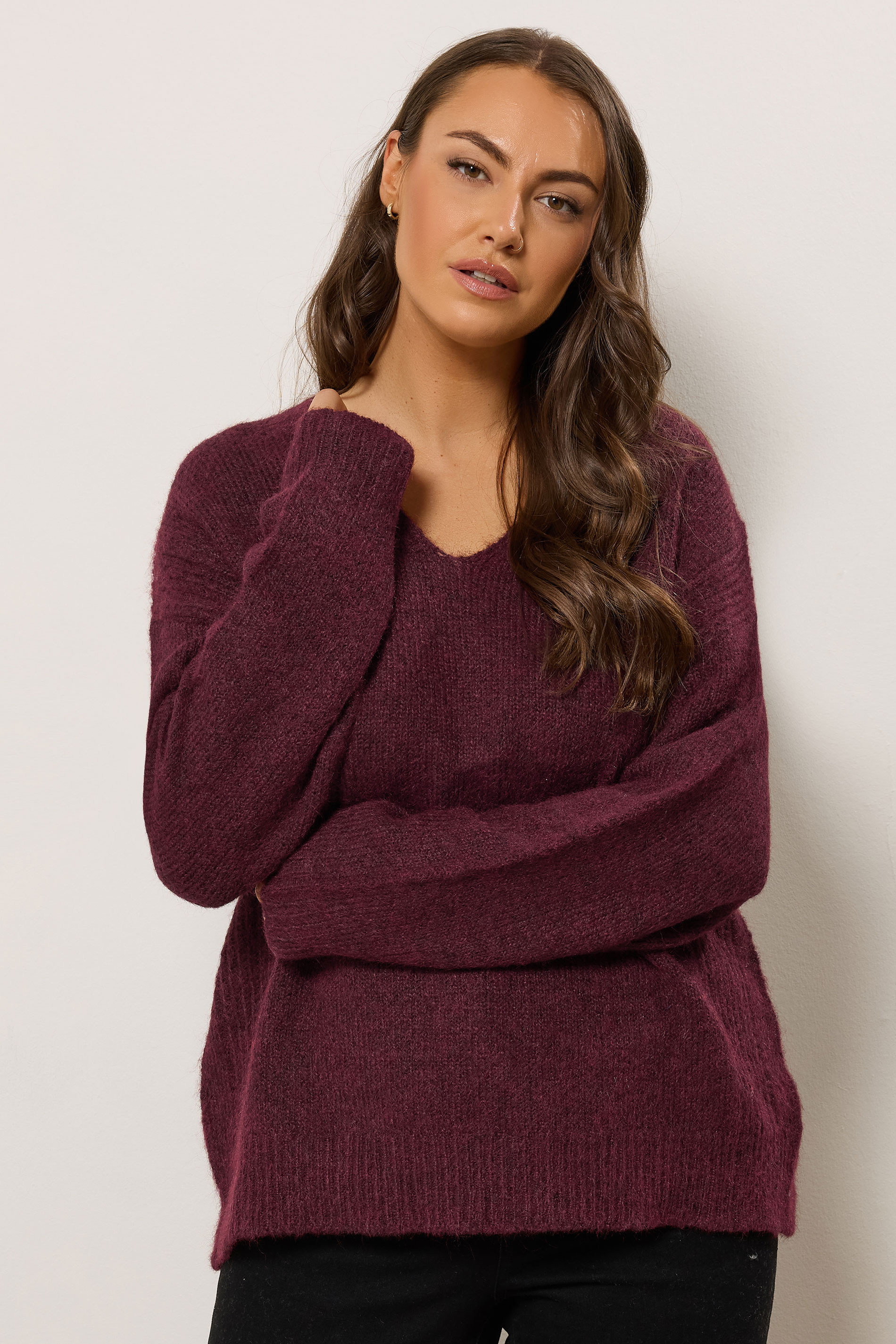 EVANS Plus Size Purple Knitted V-Neck Jumper | Evans  1