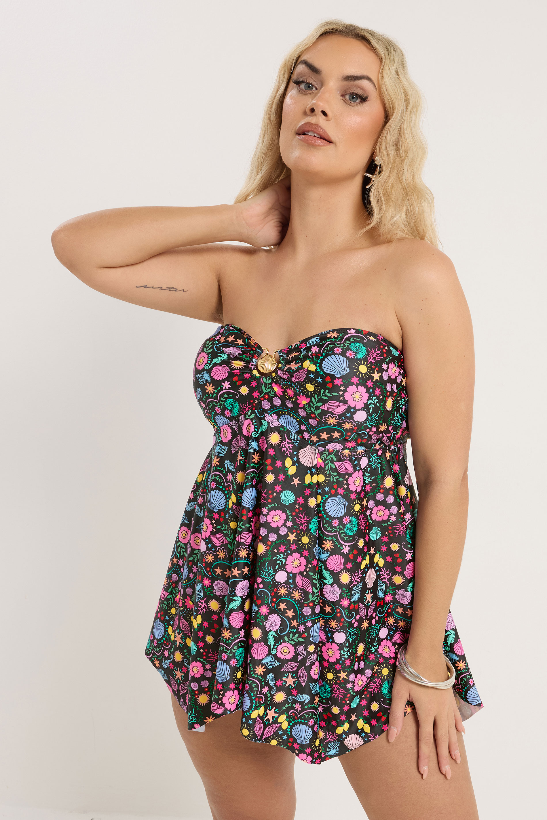 YOURS Plus Size Black Shell Print Tankini Top | Yours Clothing 1