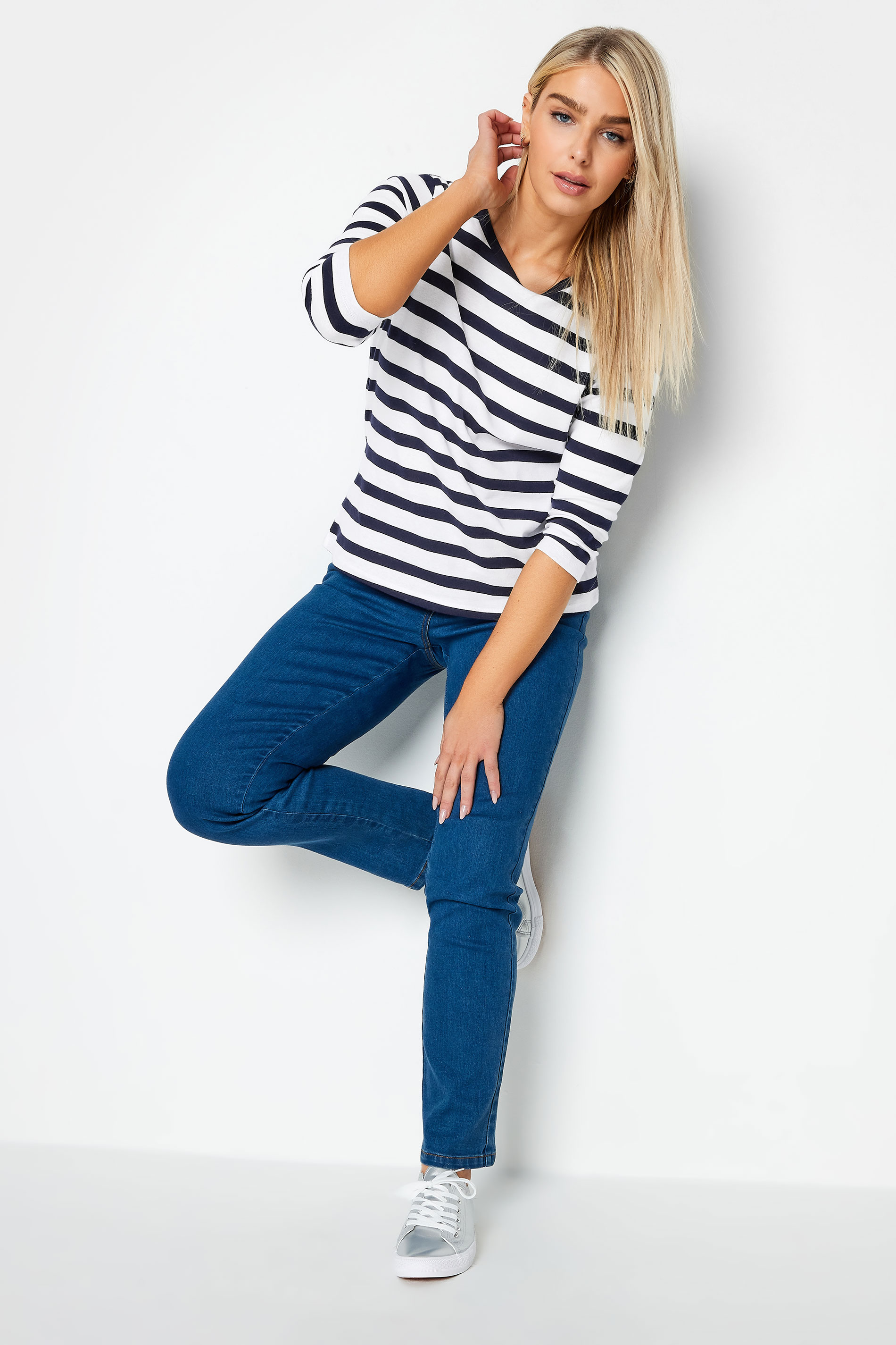 M&Co Navy Blue & Ivory Striped 3/4 Sleeve Cotton Top | M&Co 2