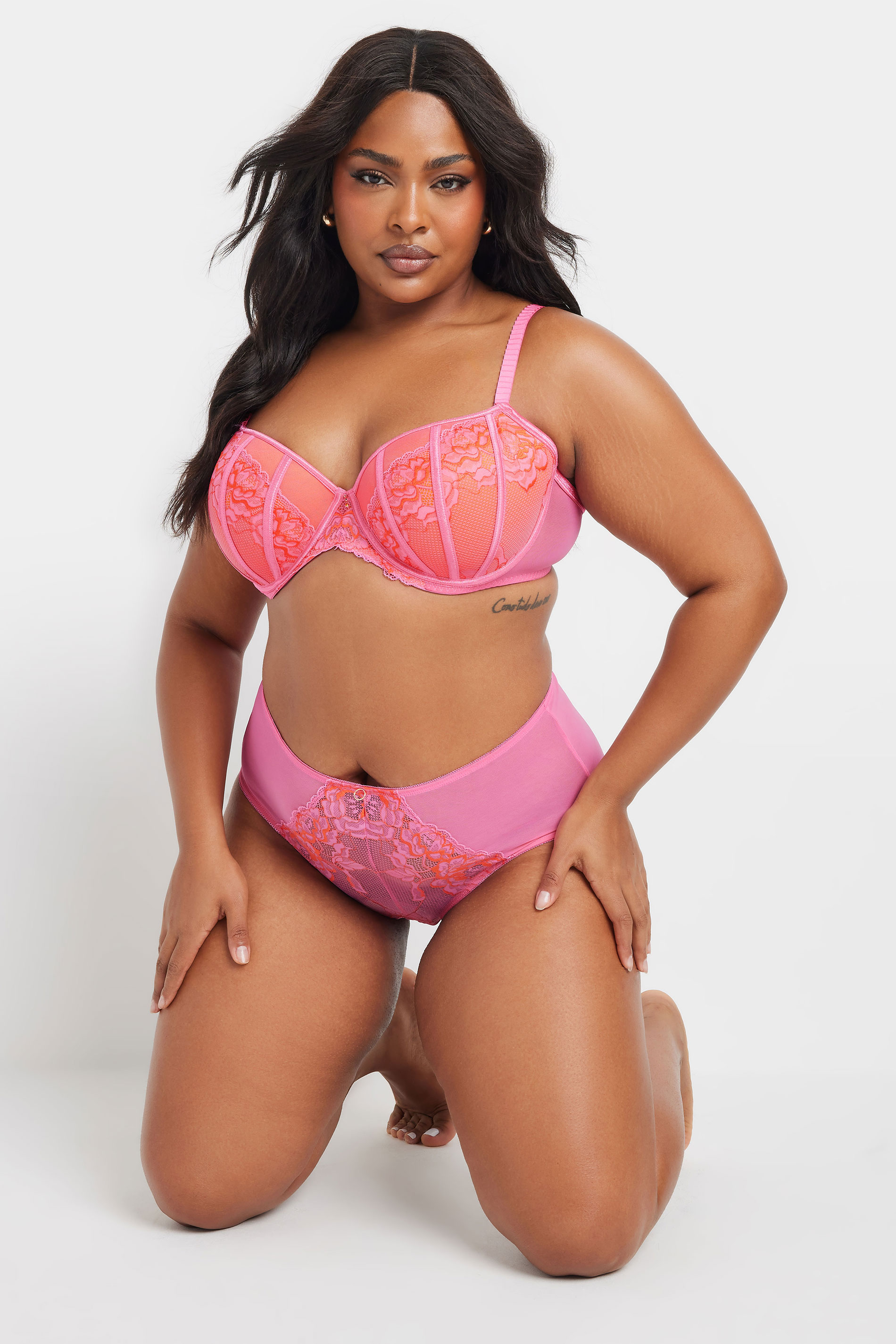YOURS Plus Size Pink Floral Lace Mesh Full Briefs | Yours Clothing 1