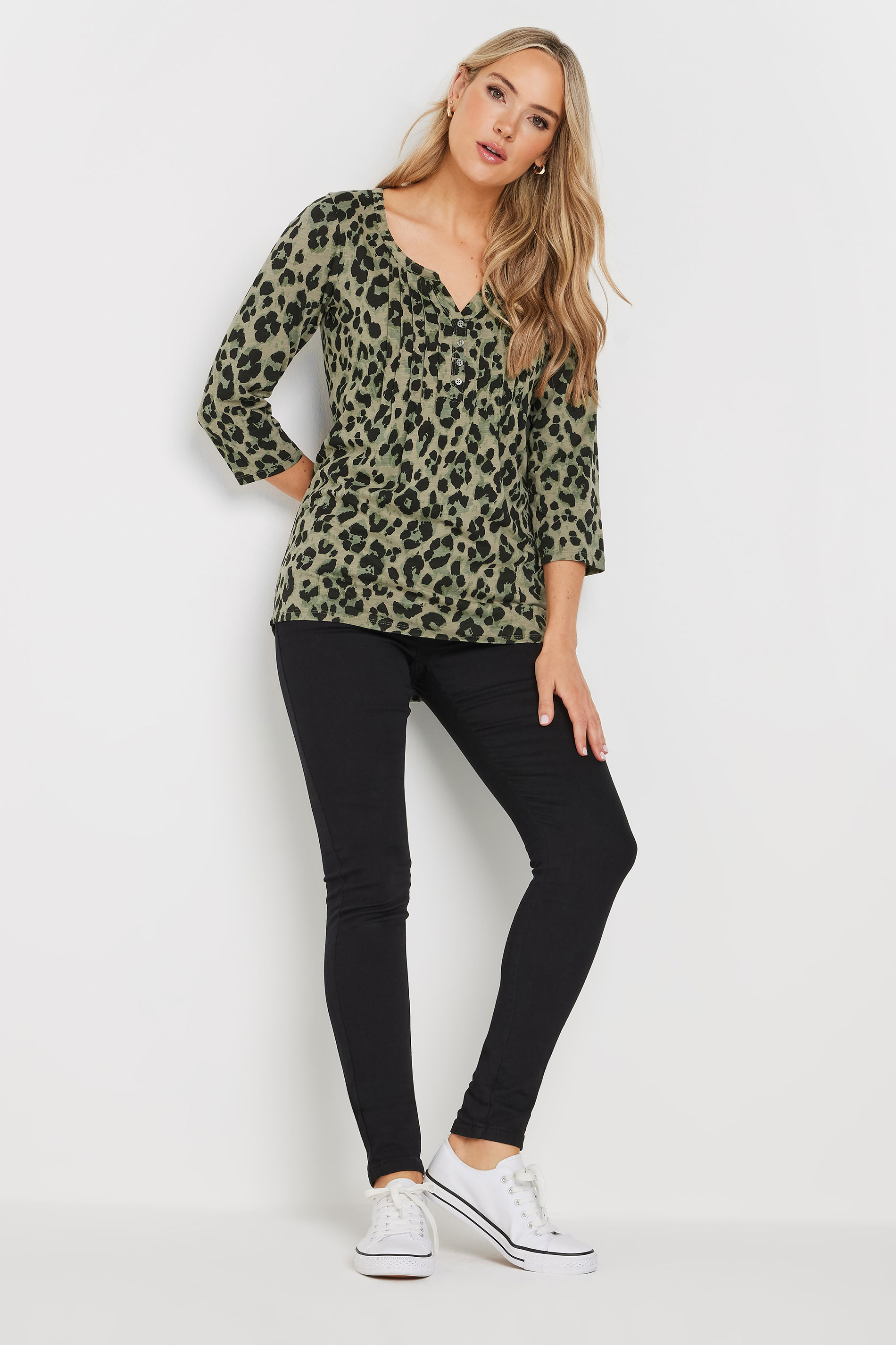 LTS Tall Khaki Green Leopard Print Cotton Henley Top | Long Tall Sally 1