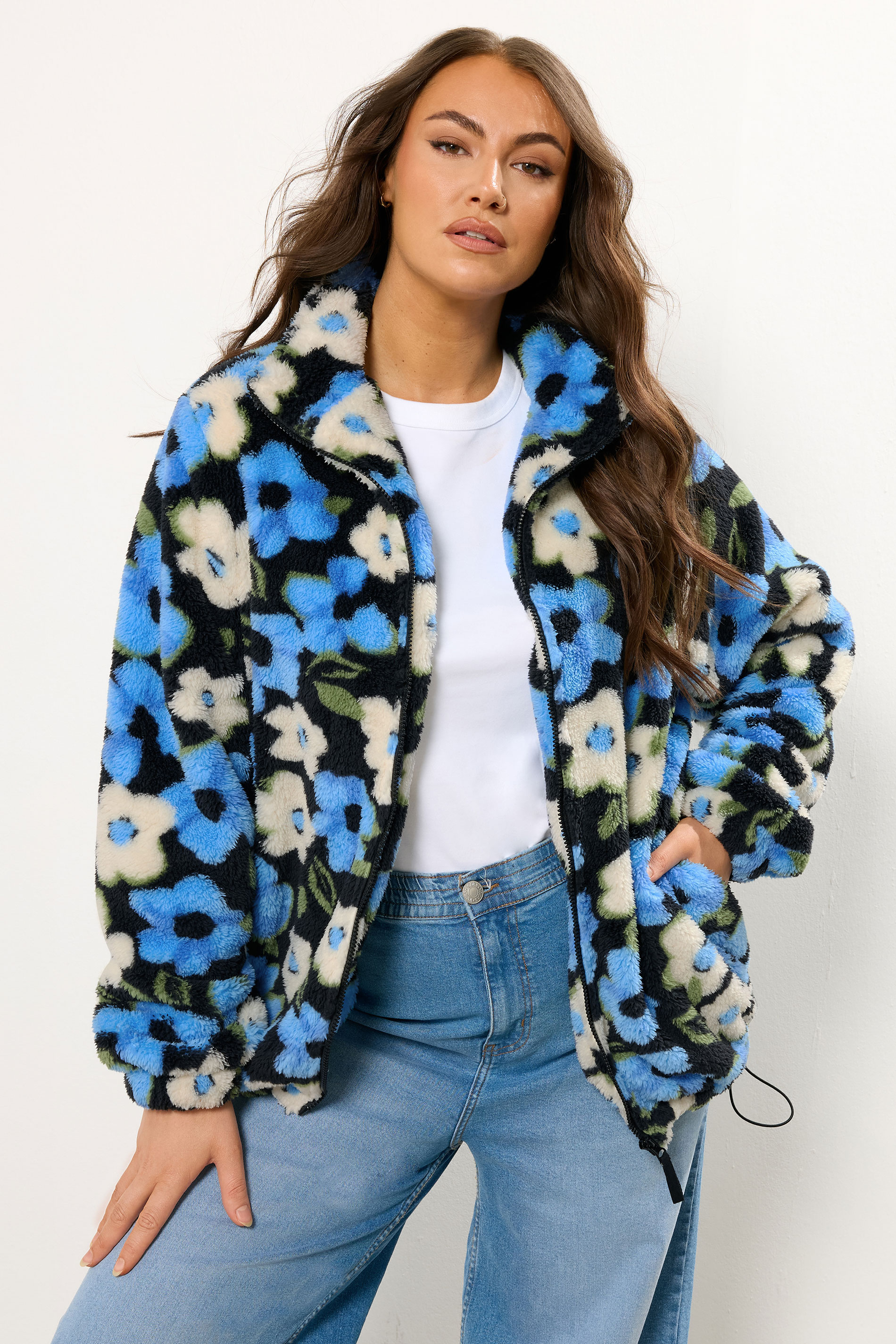 YOURS Plus Size Black & Blue Floral Fleece Jacket | Yours Clothing 3