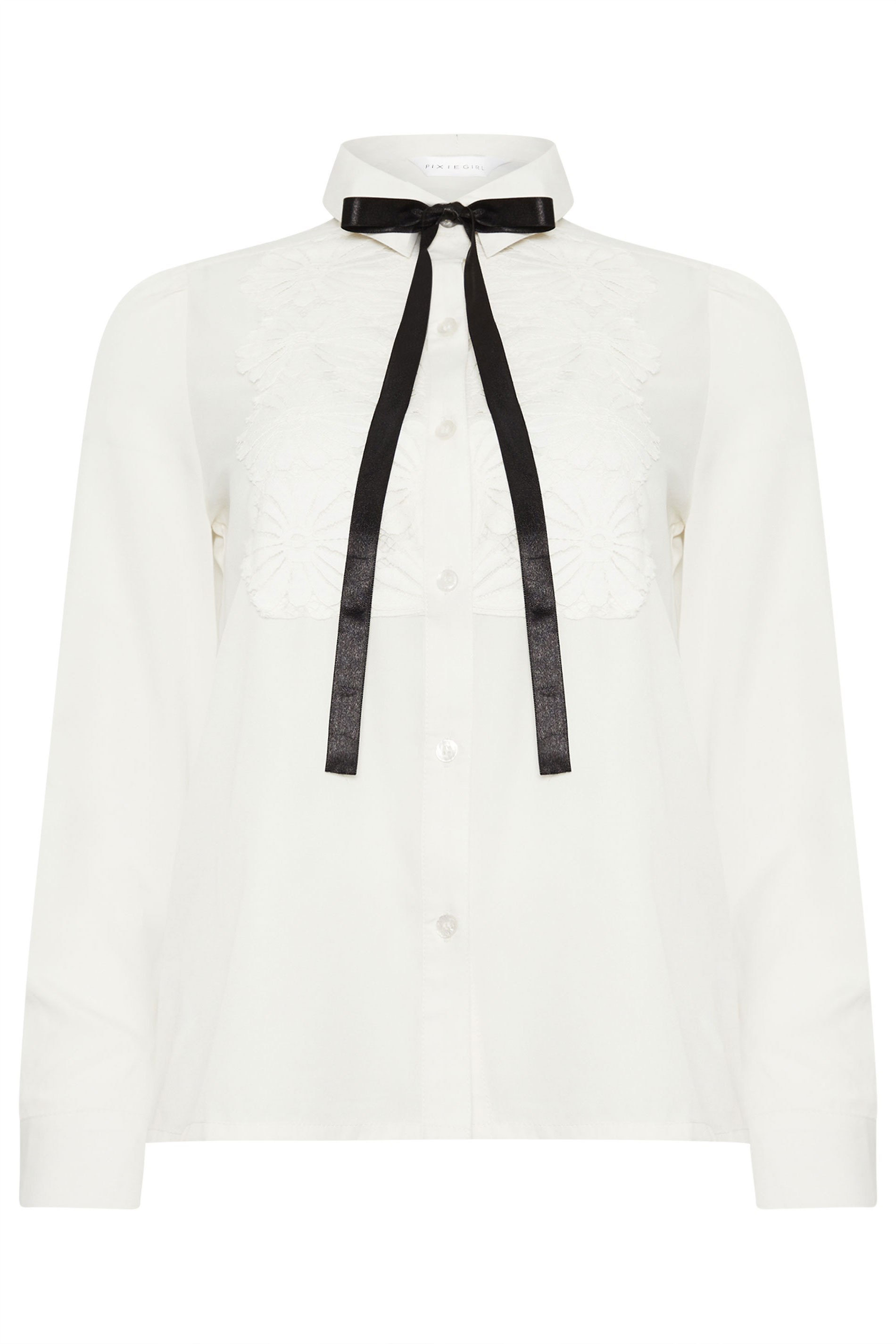 PixieGirl Petite Women's Ivory White Lace Trim Tie Neck Shirt | PixieGirl 5