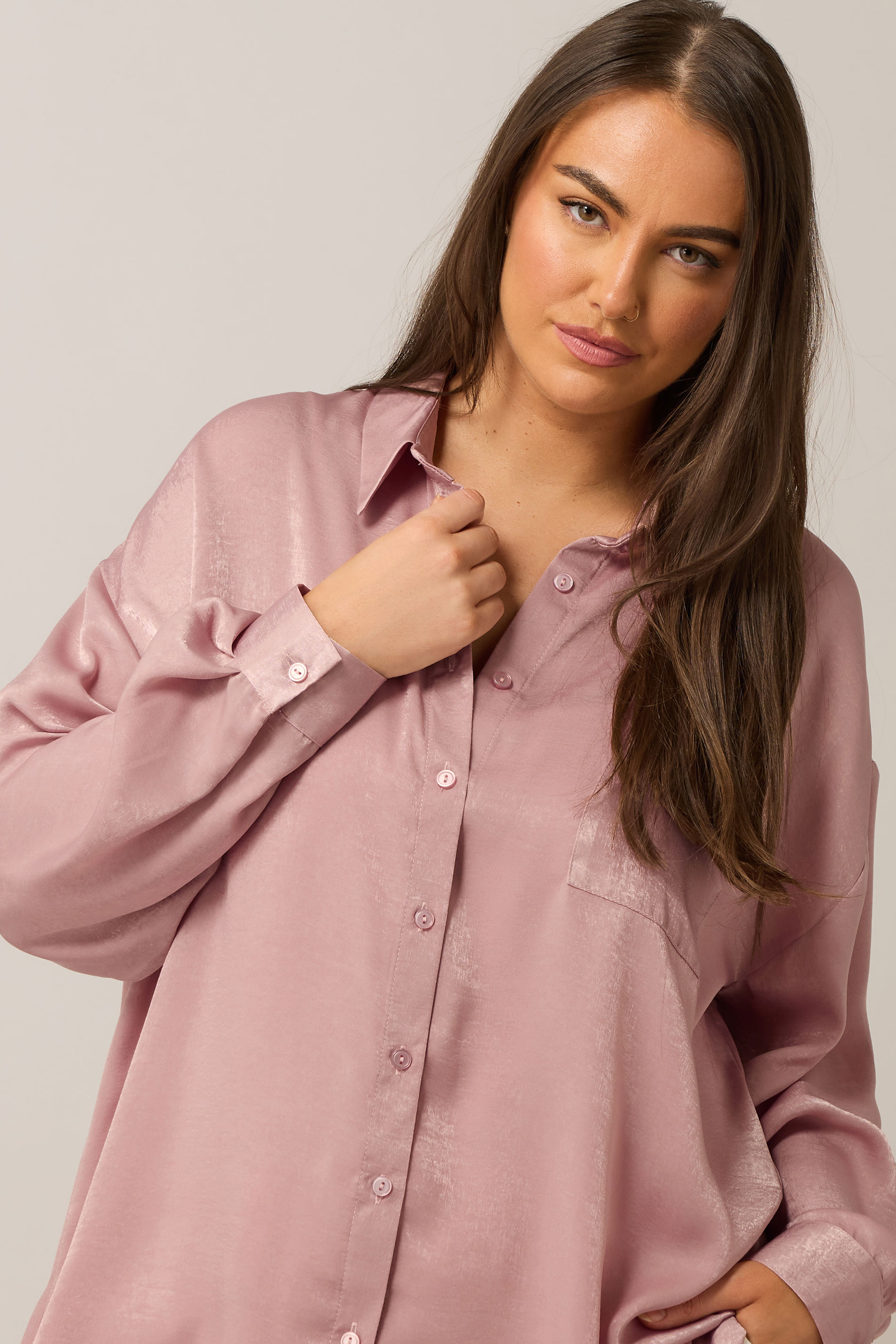 EVANS Plus Size Light Pink Metallic Button Through Shirt | Evans 4