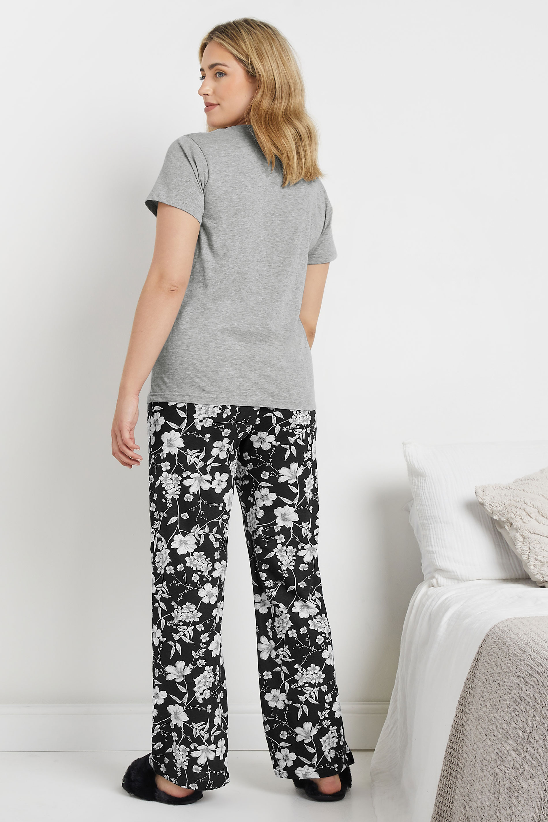 M&Co Grey Floral Print Cotton Wide Leg Pyjama Set | M&Co 2