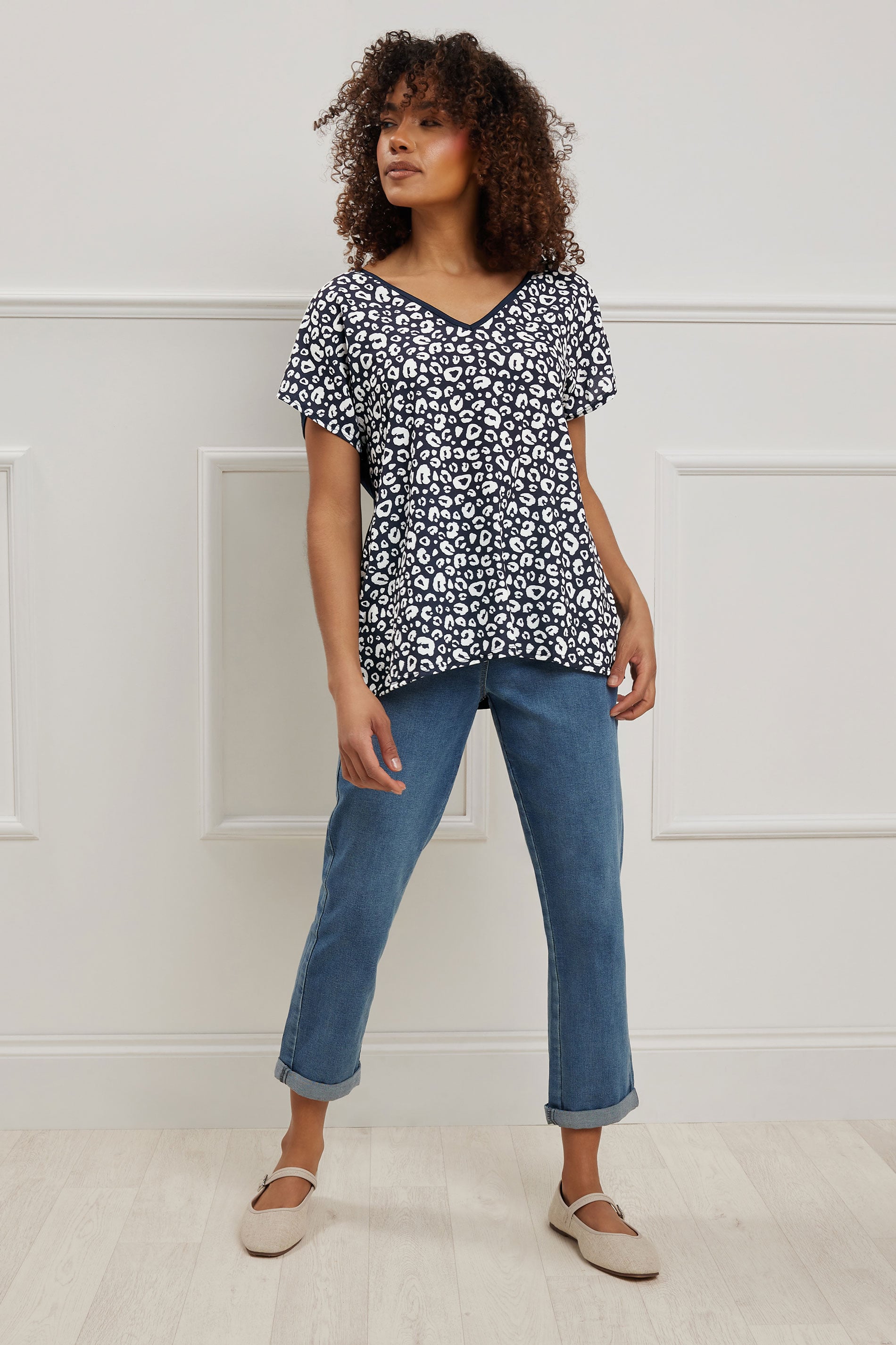 M&Co Navy Blue Animal Print V-Neck Top | M&Co 1