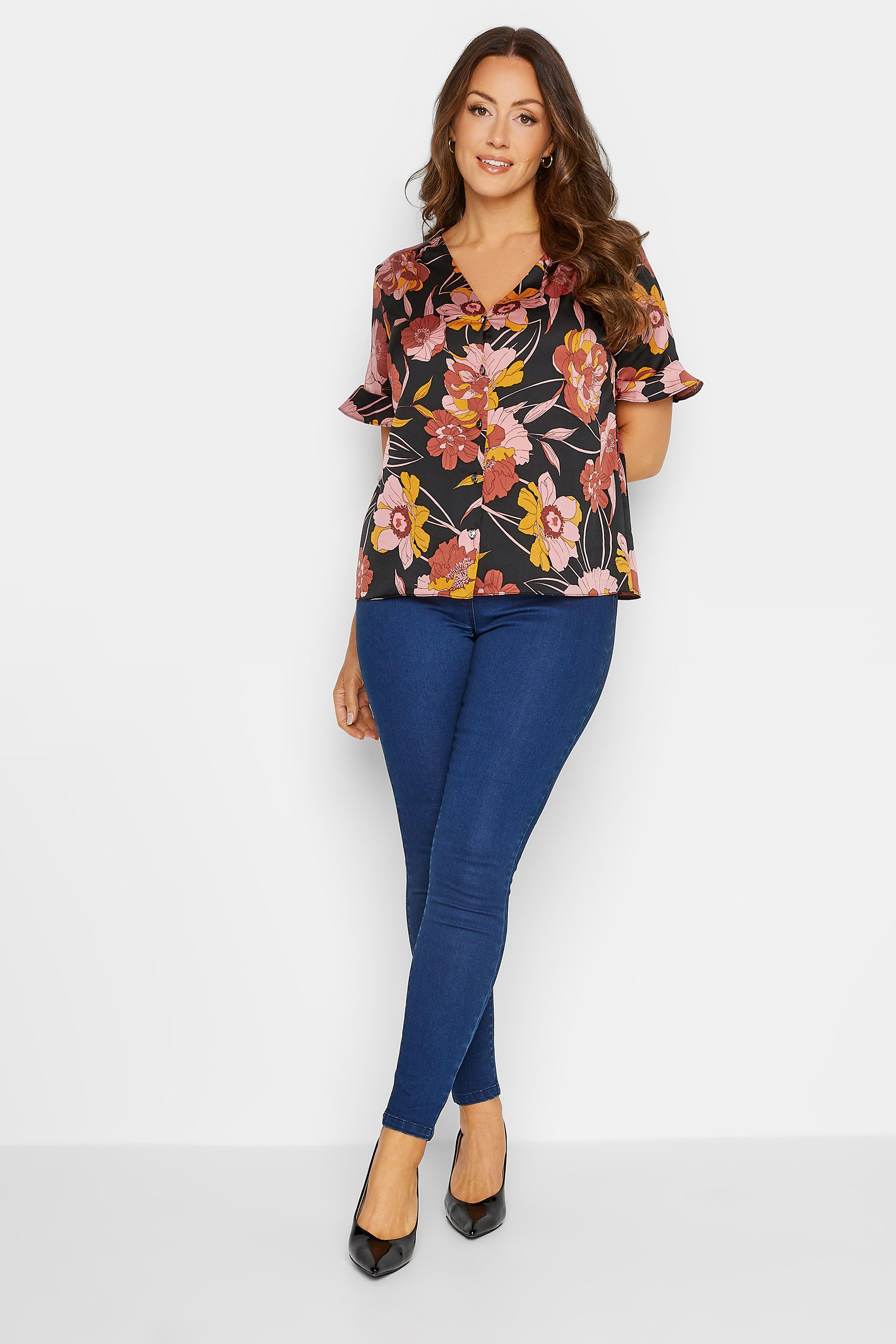 M&Co Black Floral Print Frill Sleeve Blouse | M&Co 2