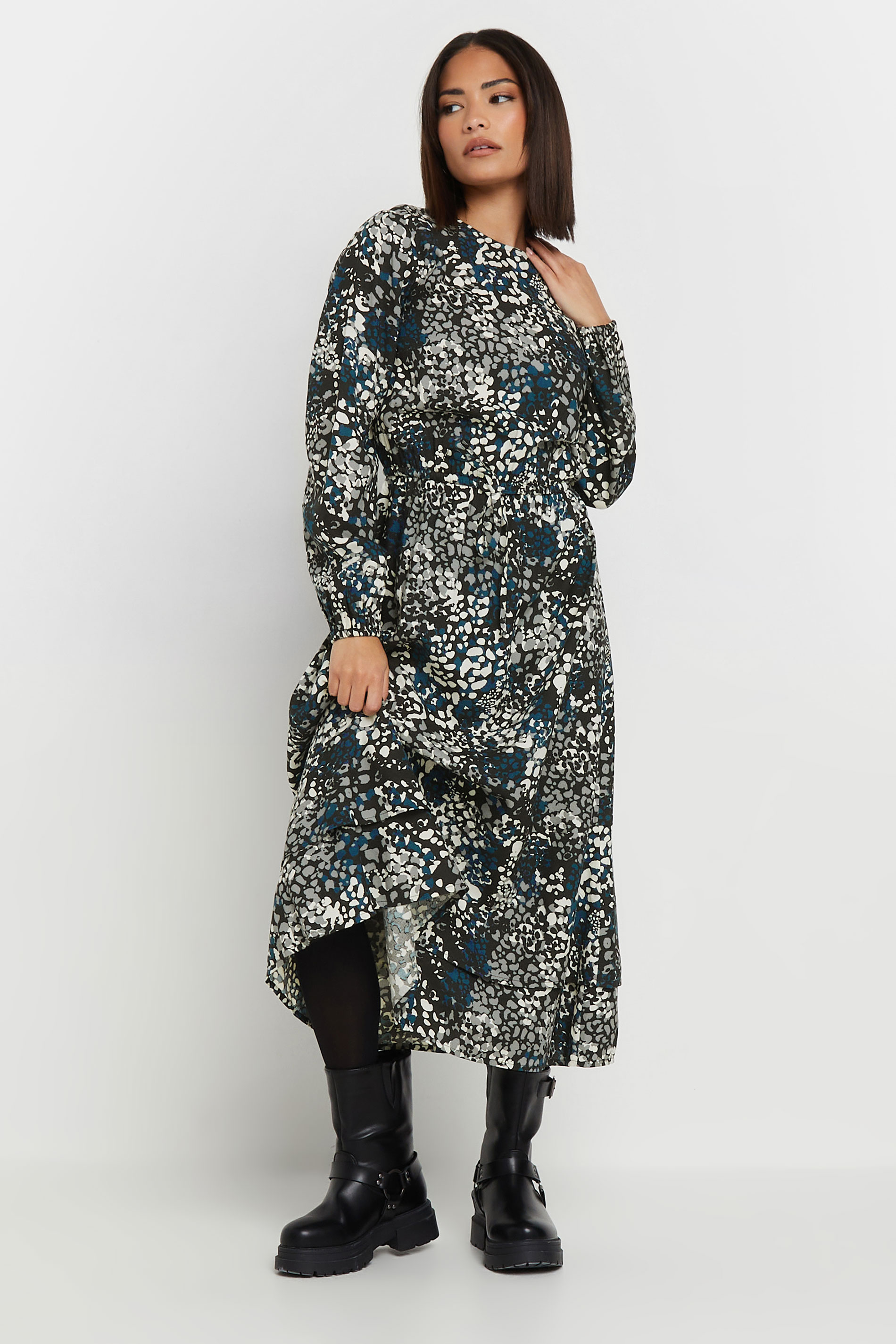 PixieGirl Petite Women's Blue Woven Abstract Tie Waist Midi Dress | PixieGirl 1