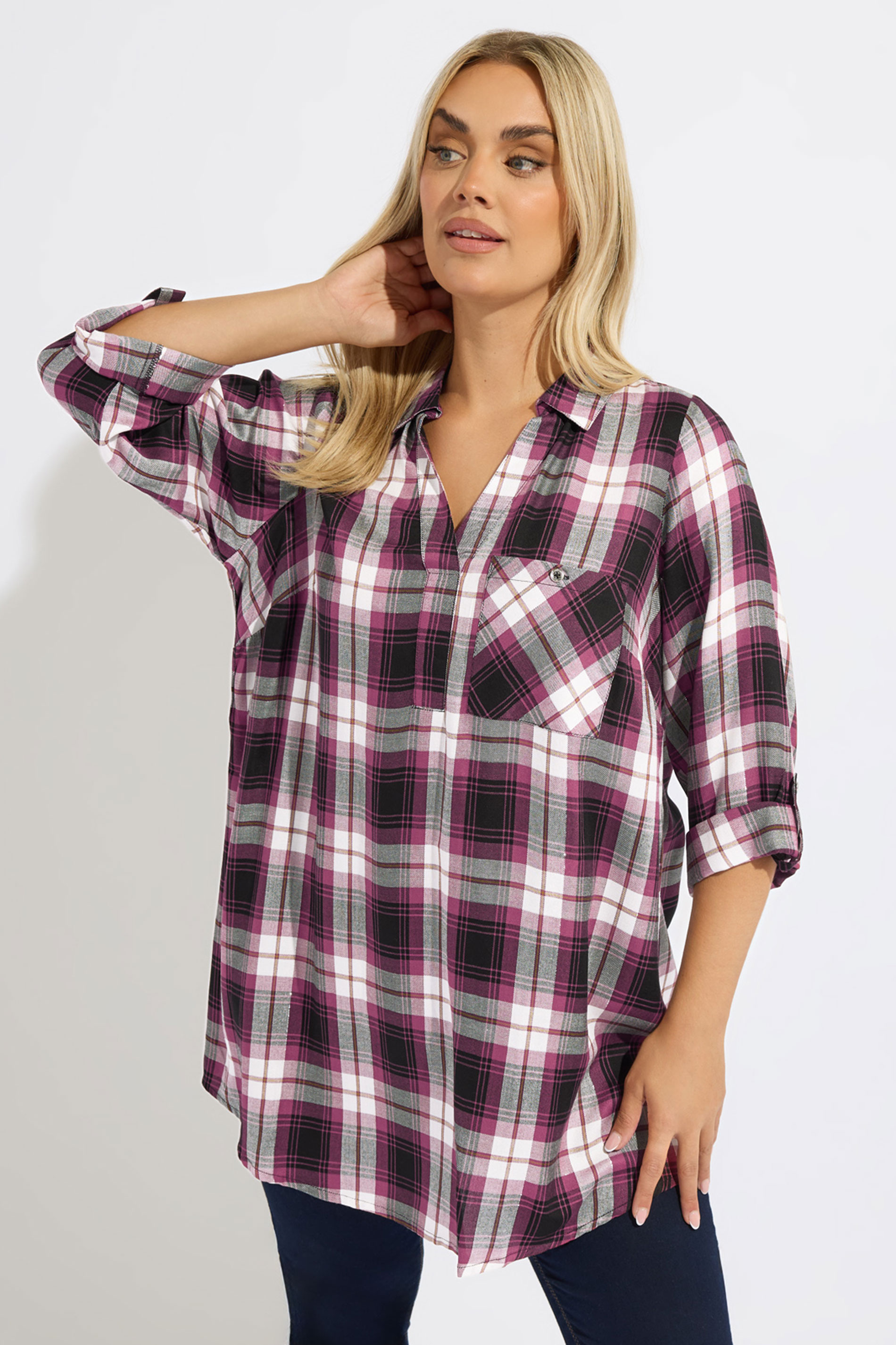 YOURS Plus Size Black & Pink Check Overhead Shirt | Yours Clothing 3