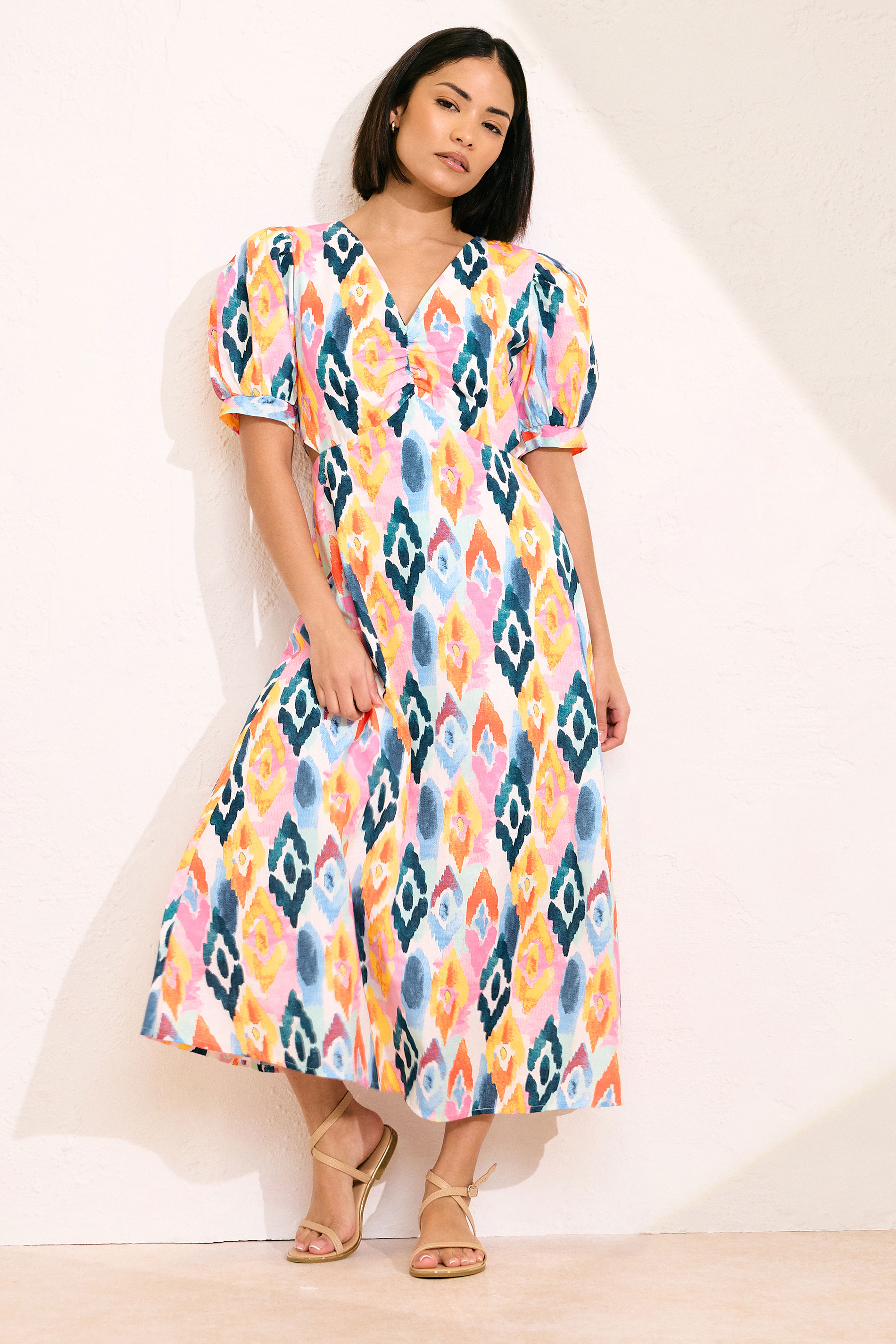 PixieGirl Petite Women's Pink Linen Abstract Puff Sleeve Maxi Dress | PixieGirl 2