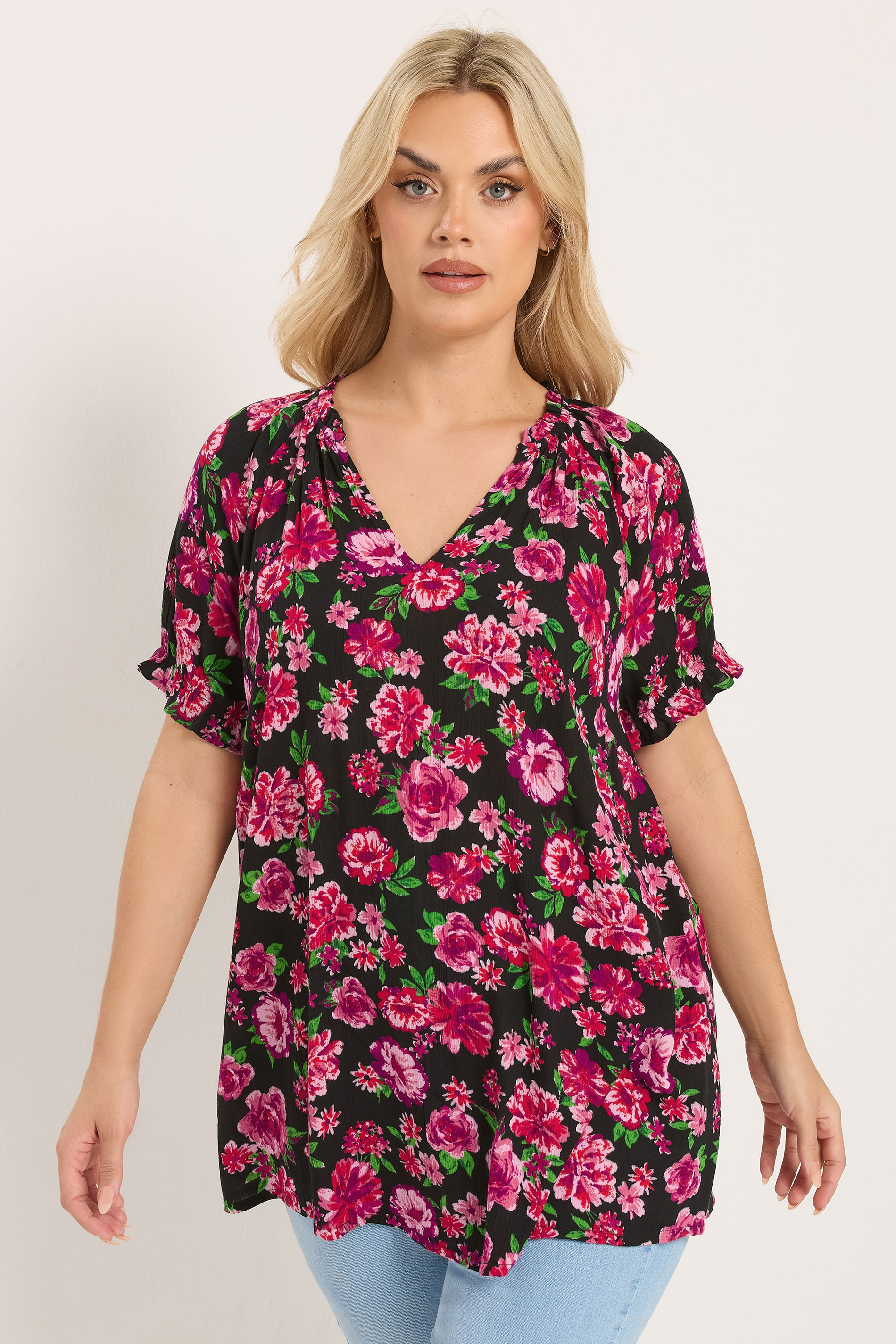 YOURS Plus Size Black & Pink Floral Notch Neck Blouse | Yours Clothng 3