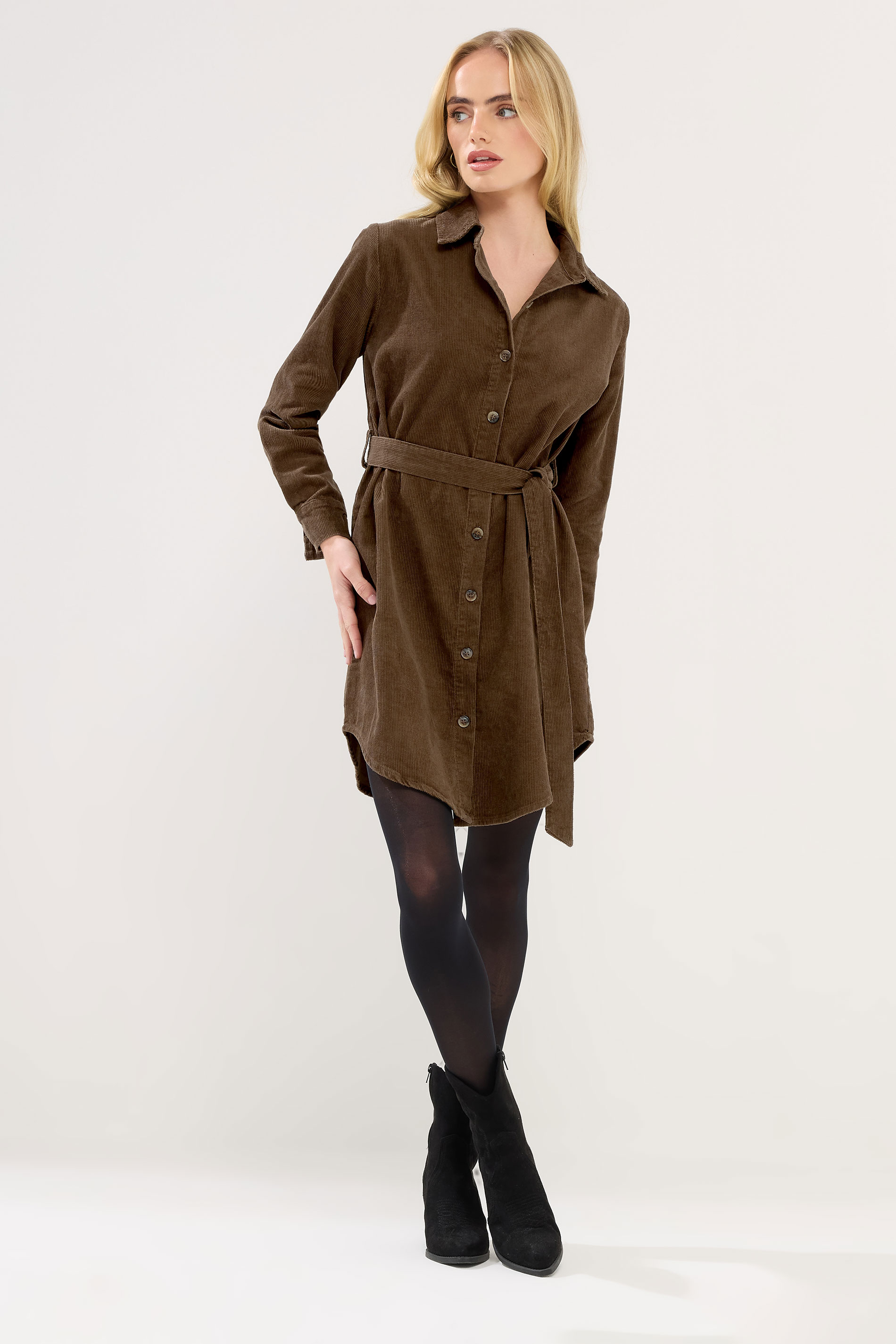 PixieGirl Petite Women's Chocolate Brown Cord Belted Cotton Midi Dress | PixieGirl 1