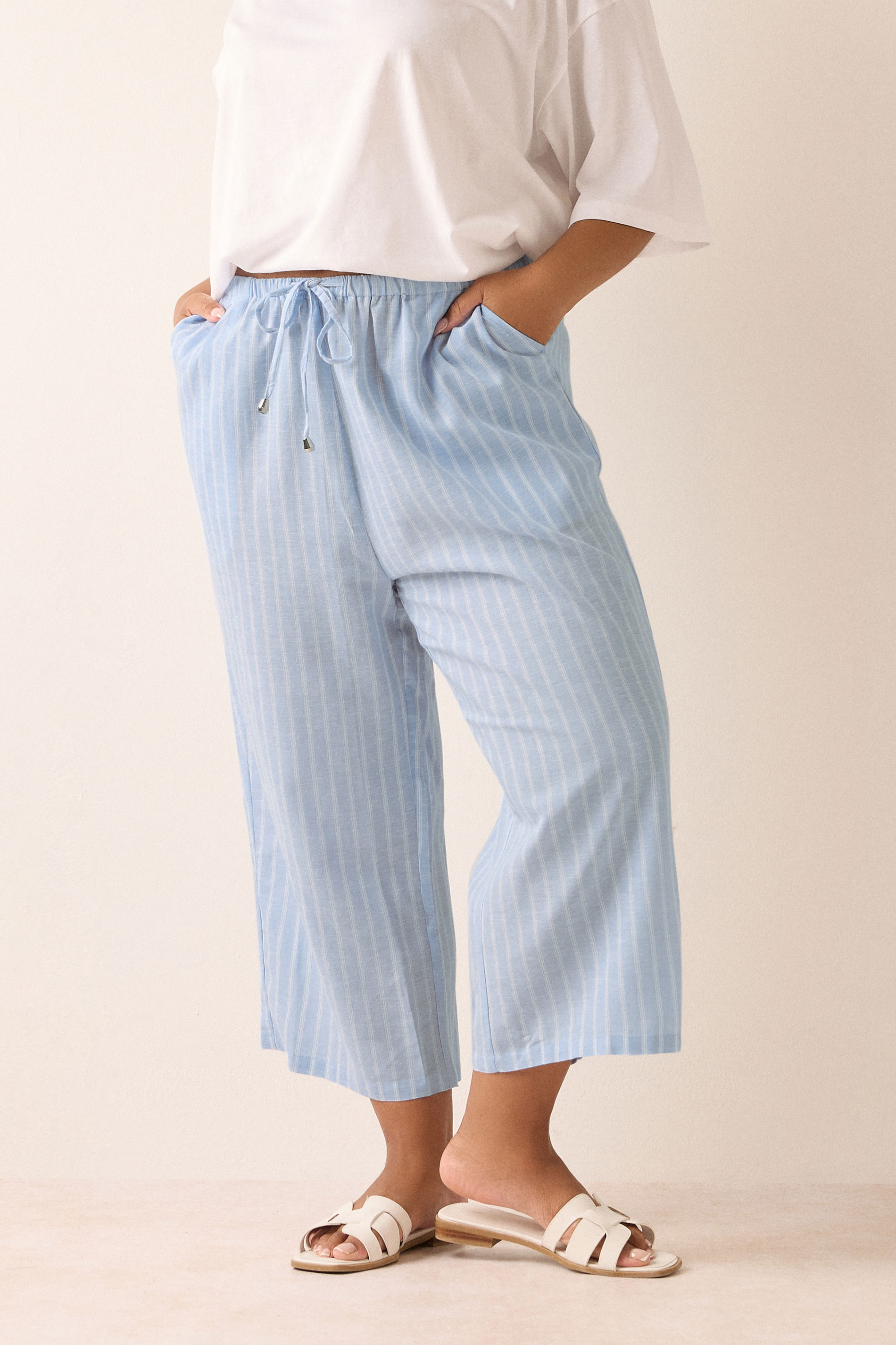 YOURS Plus Size Light Blue Stripe Linen Cropped Trousers | Yours Clothing 3