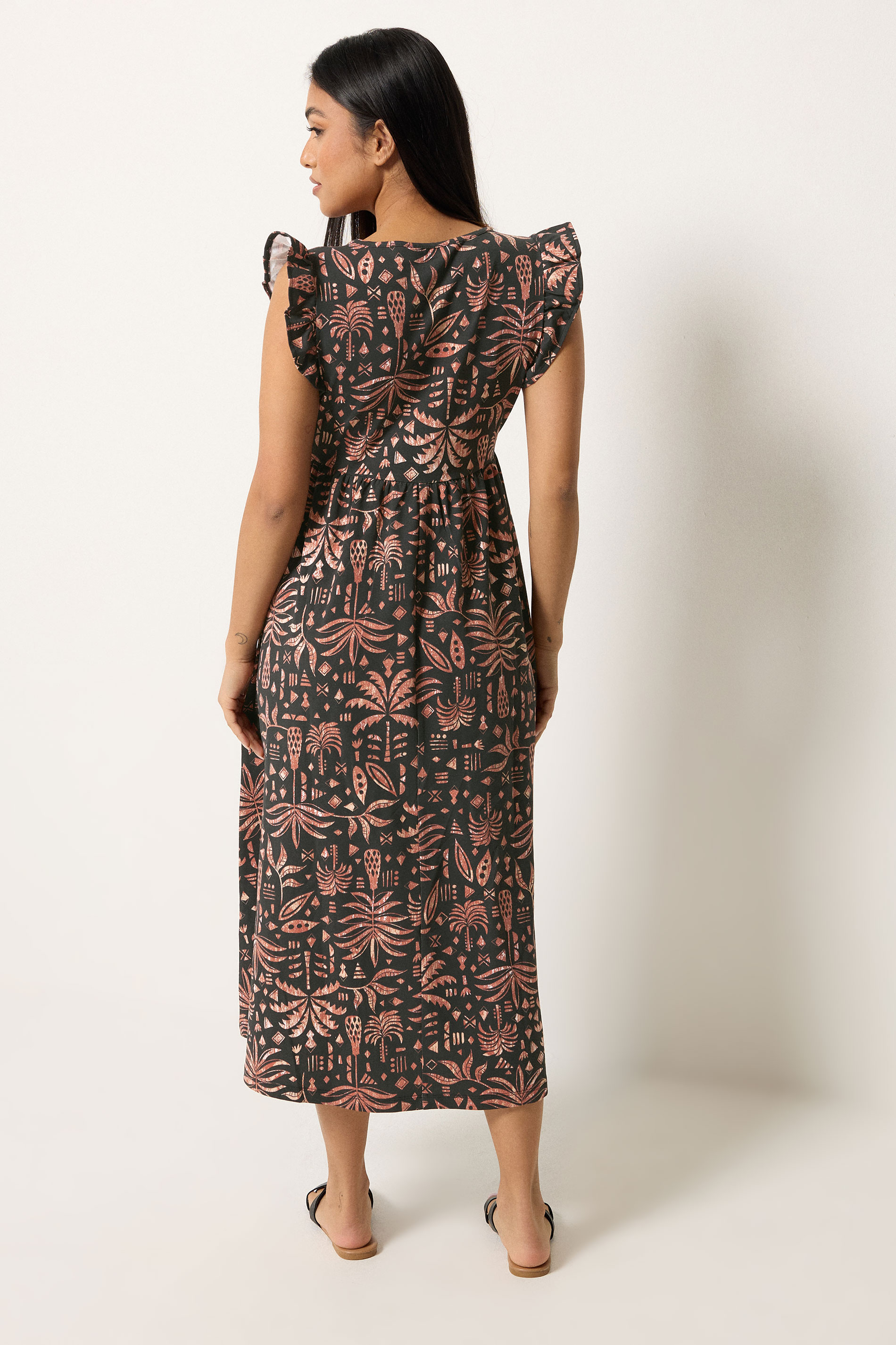 M&Co Petite Black Aztec Frill Sleeve Midi Dress | M&Co 2