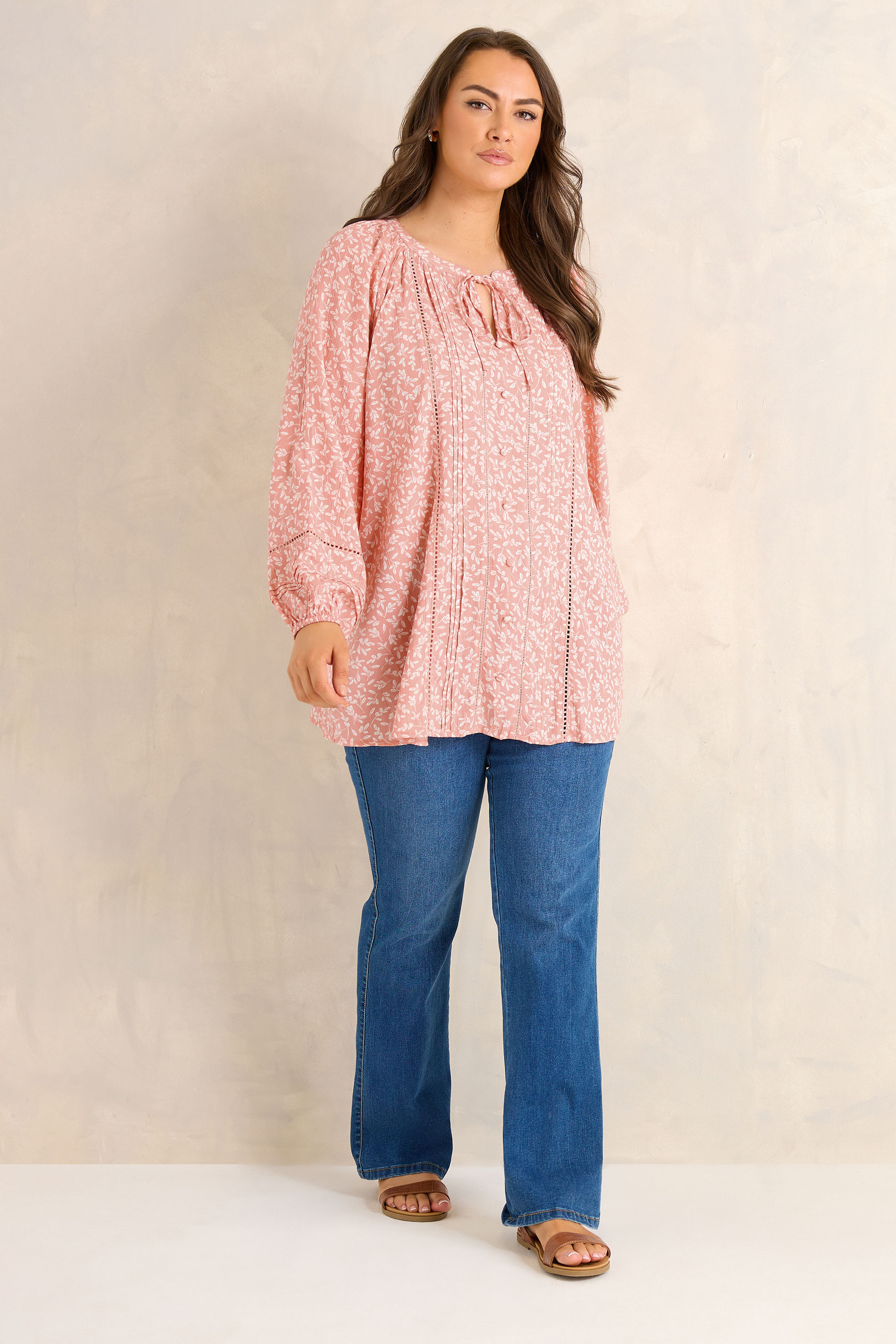 EVANS Plus Size Pink Ditsy Tie Neck Blouse | Evans 1