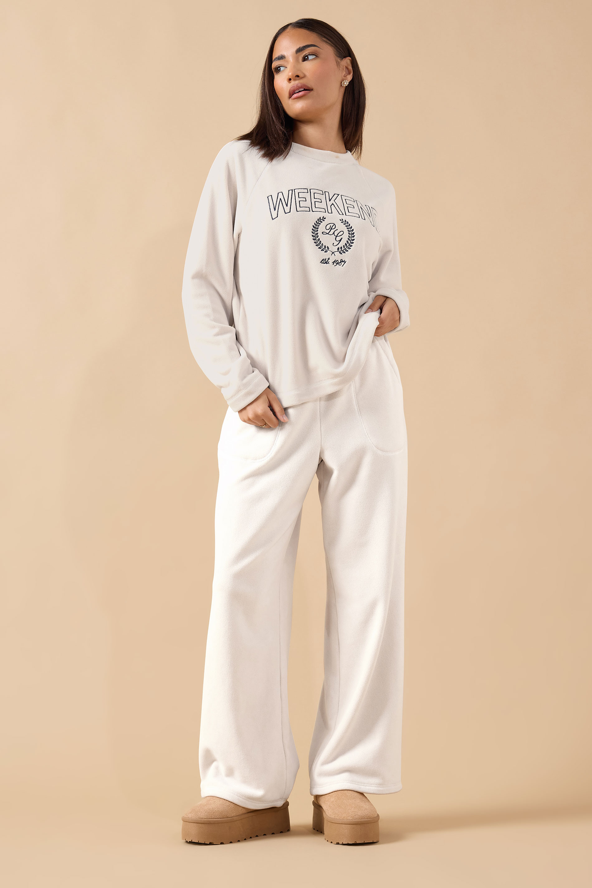 PixieGirl Petite Women's Ivory White Fleece Wide Leg Trousers | PixieGirl 3