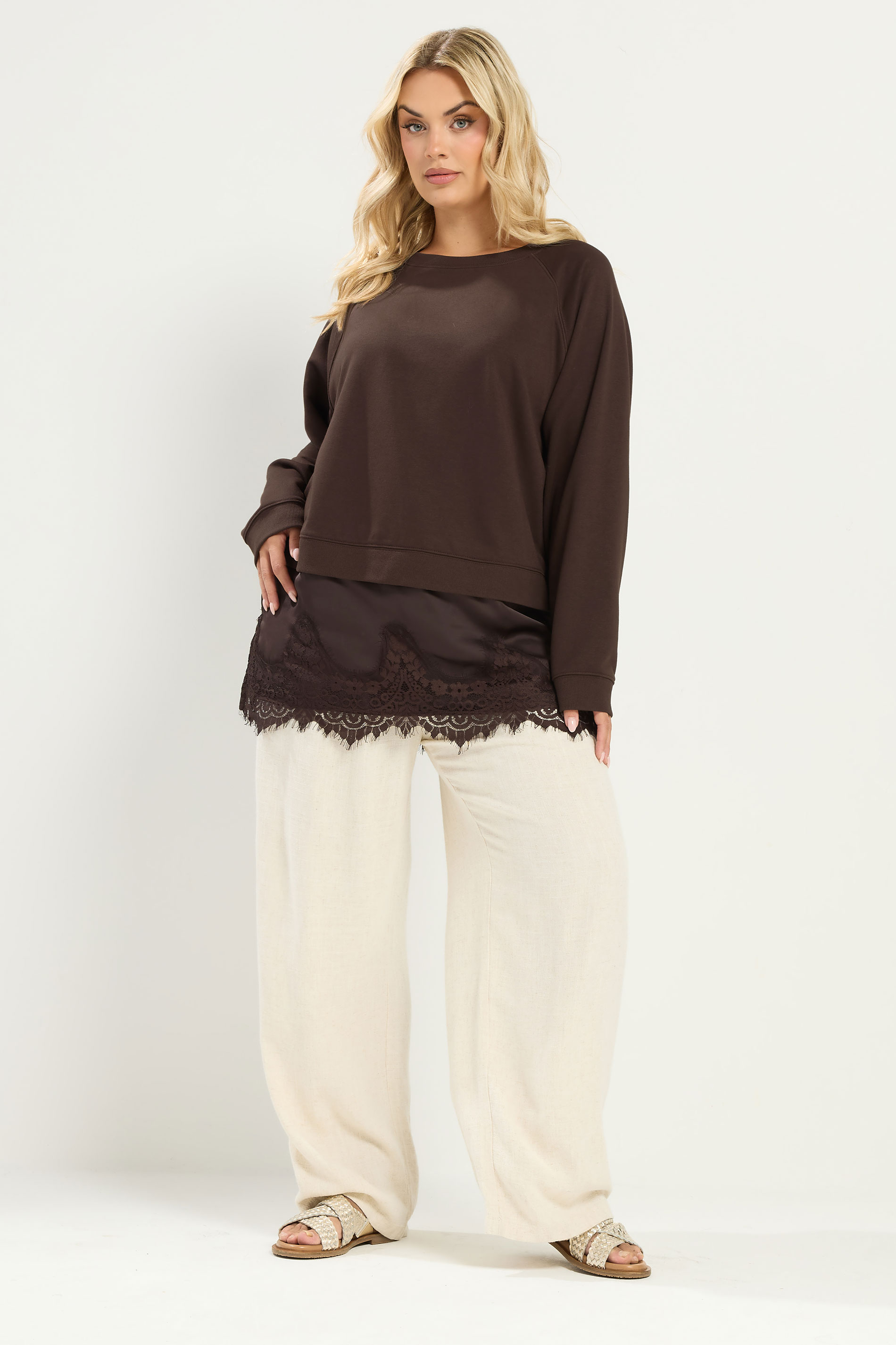 YOURS Plus Size Chocolate Brown Lace 2-In-1 Jumper | Yours Clothing 1