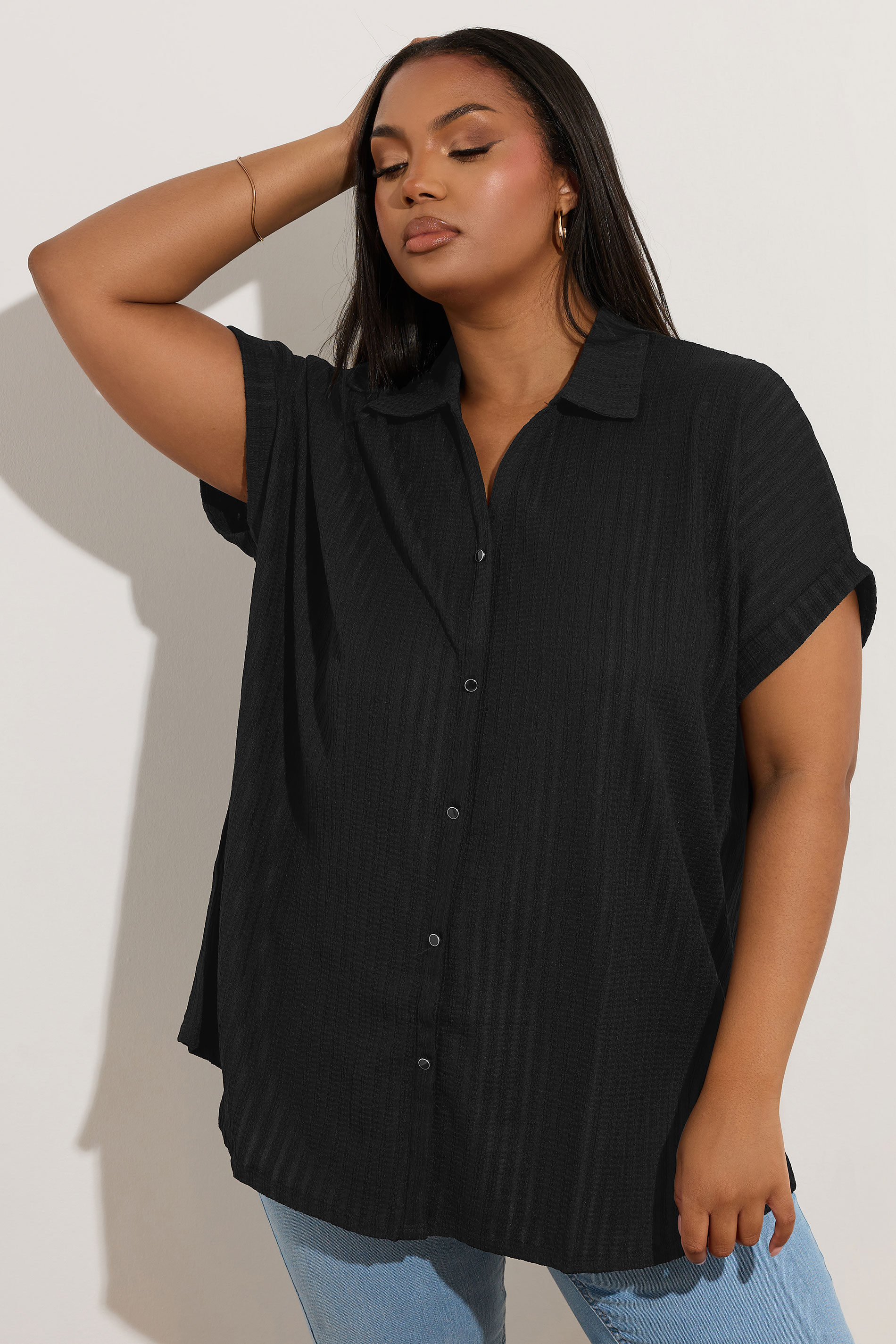 YOURS Plus Size Black Textured Boxy Shirt | Yours Clothing 1