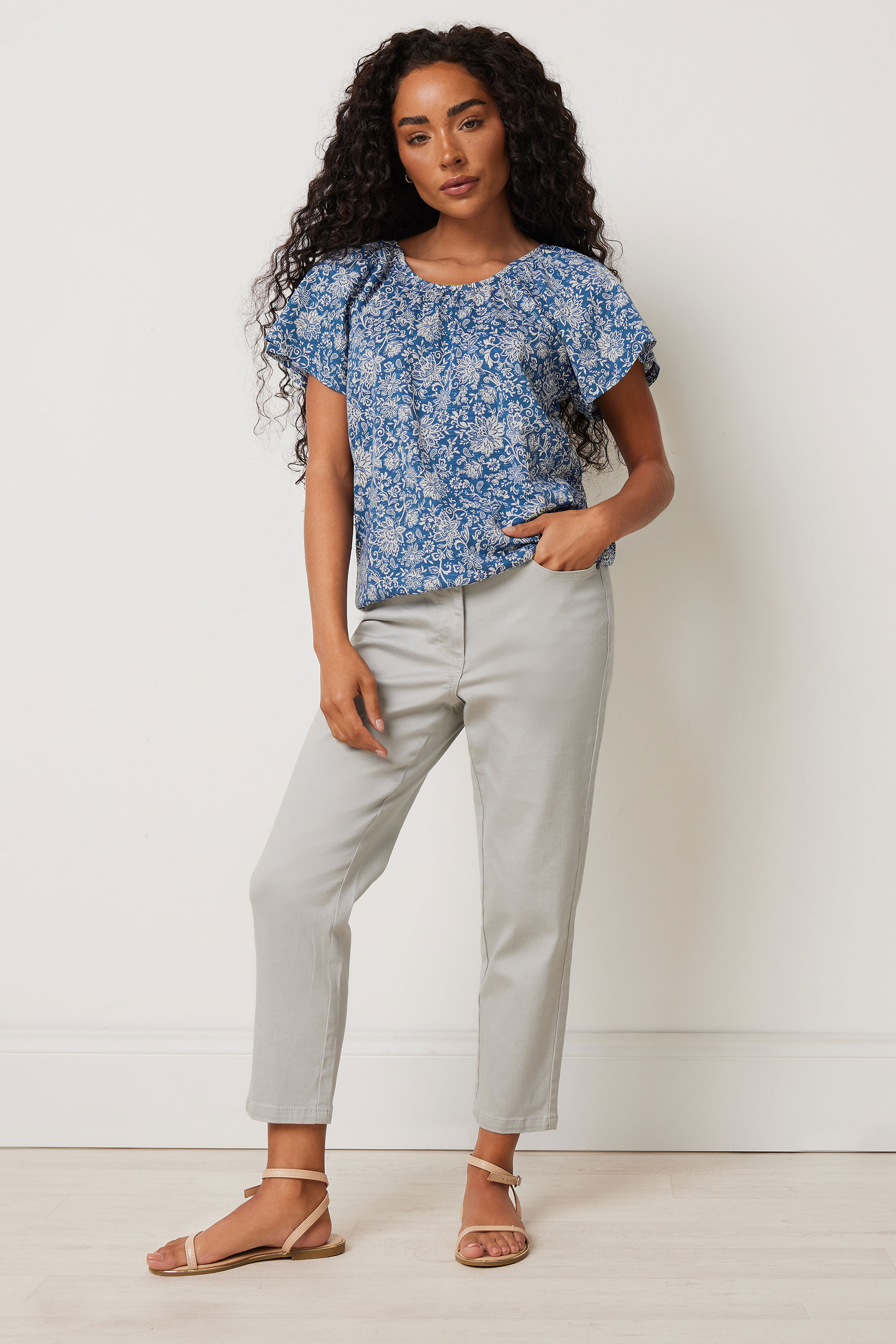 M&Co Petite Blue Floral Print Cotton Scoop Neck T-Shirt | M&Co 1