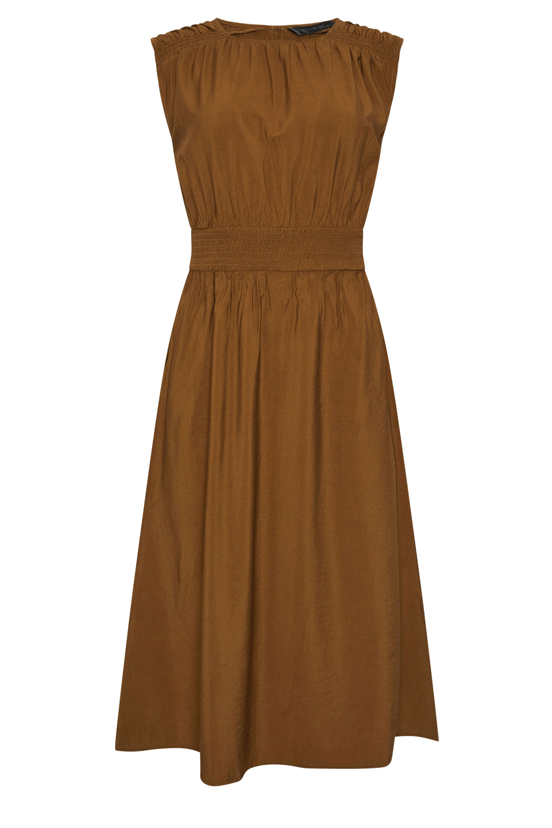 PixieGirl Petite Women's Brown Shirred Waist Maxi Dress | PixieGirl 6