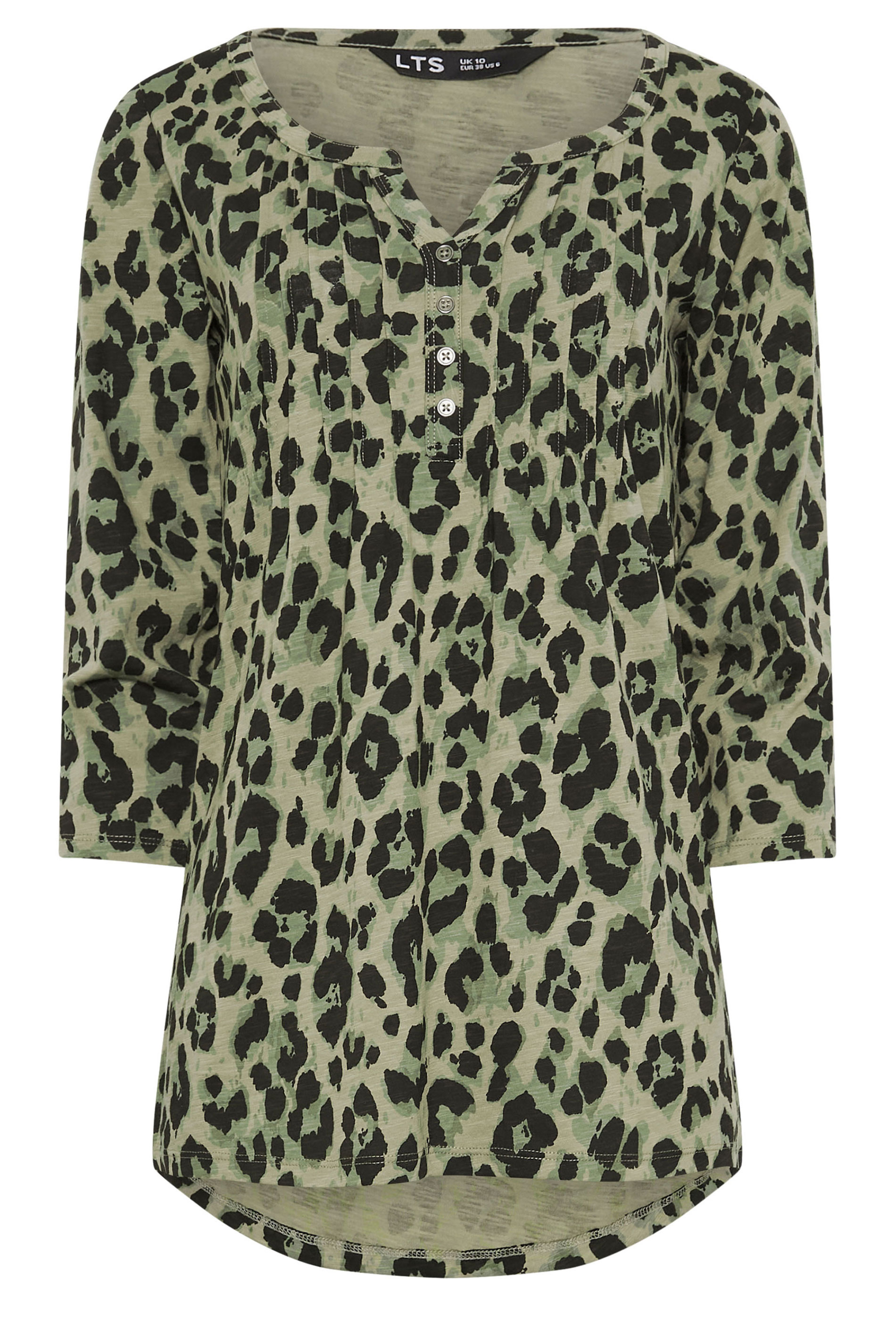 LTS Tall Khaki Green Leopard Print Cotton Henley Top | Long Tall Sally 5
