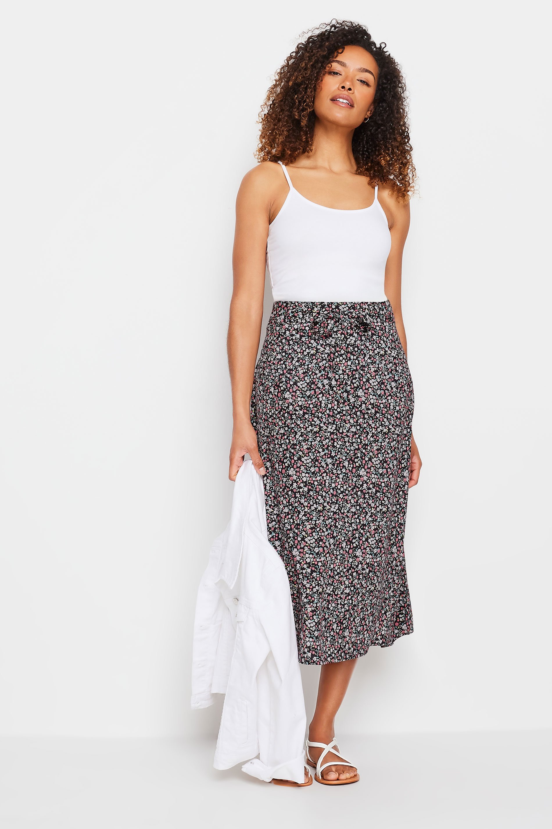 M&Co Black Ditsy Floral Print Belted Midi Skirt | M&Co 2