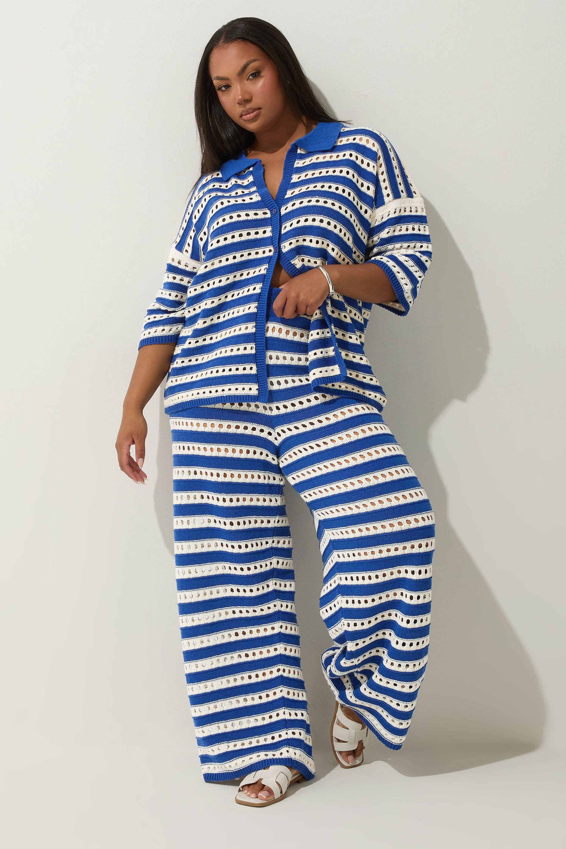 LIMITED COLLECTION Plus Size Blue & White Stripe Crochet Wide Leg Trousers | Yours Clothing 3