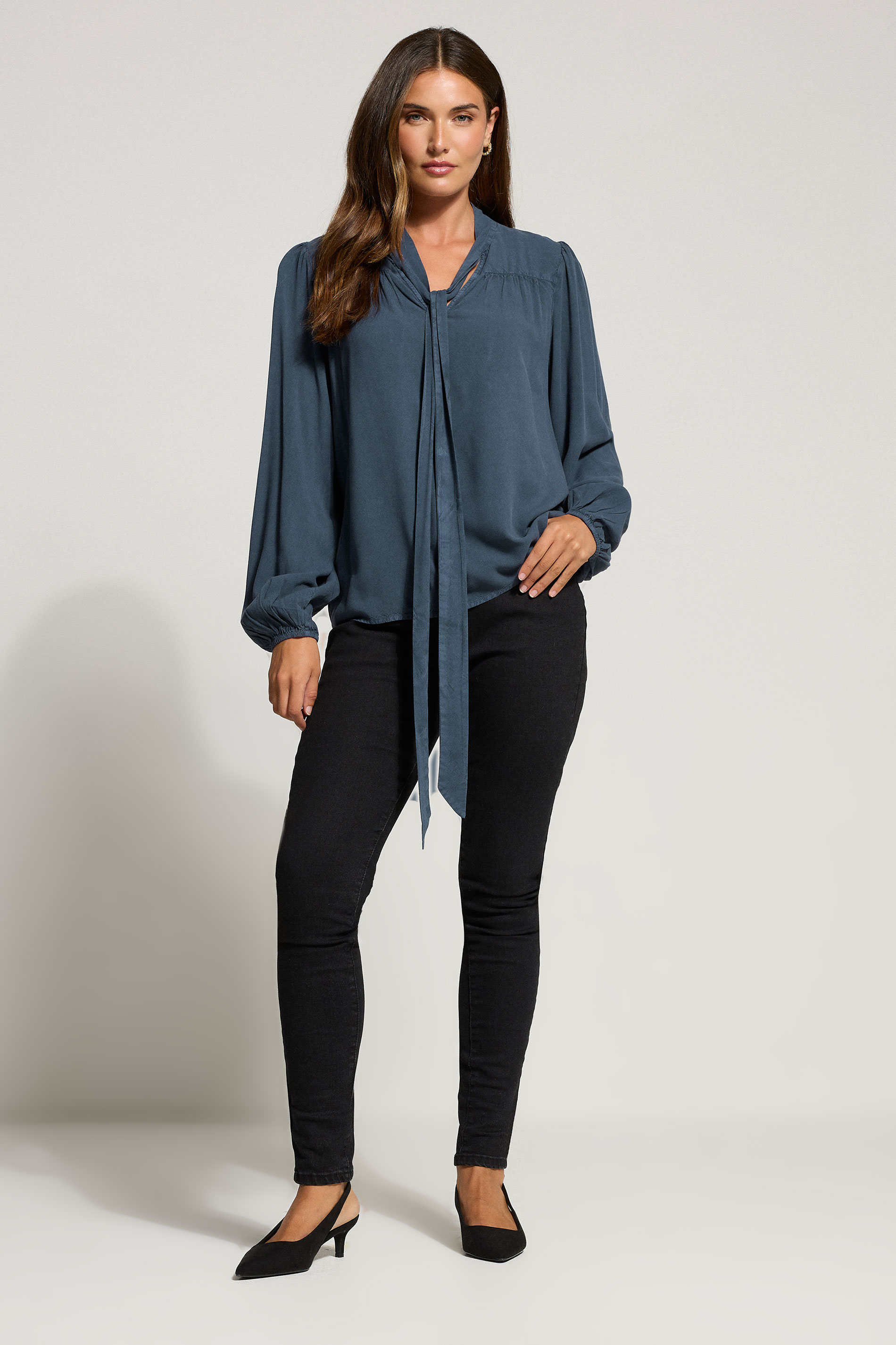 LTS Tall Indigo Blue Acid Wash Tie Neck Blouse | Long Tall Sally 1