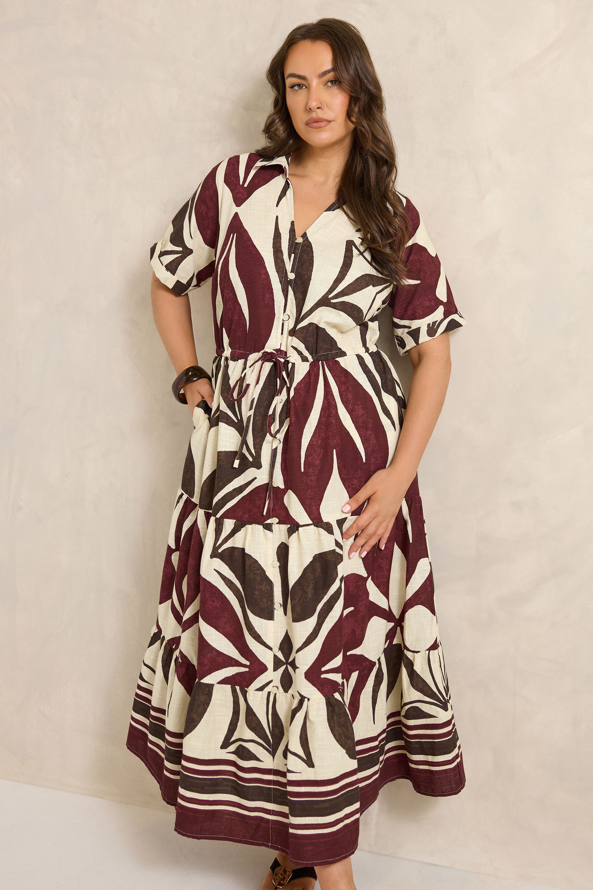EVANS Plus Size Cream & Red Abstract Leaf Print Cotton Dress | Evans  1