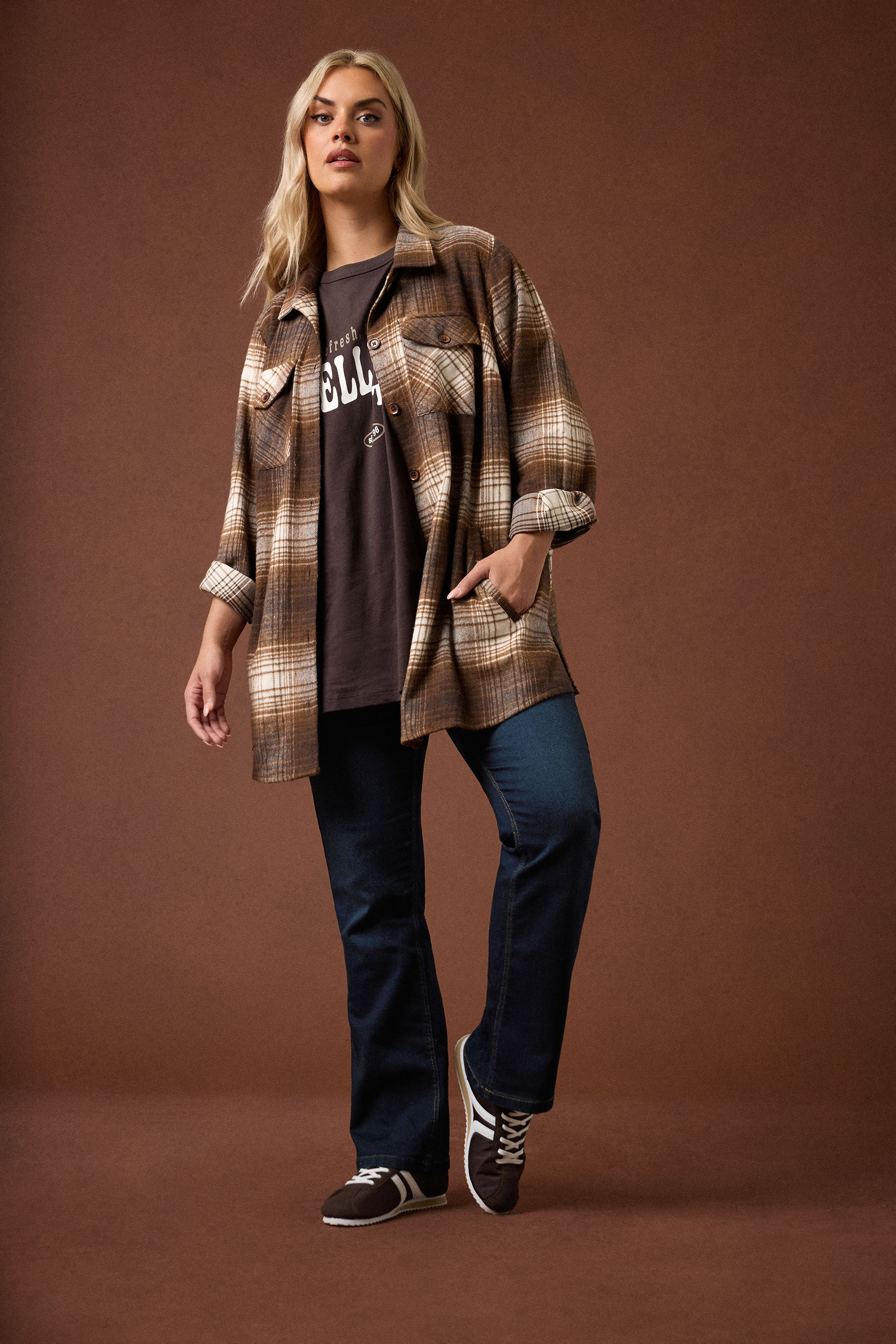 YOURS Plus Size Chocolate Brown Check Shacket | Yours Clothing 1