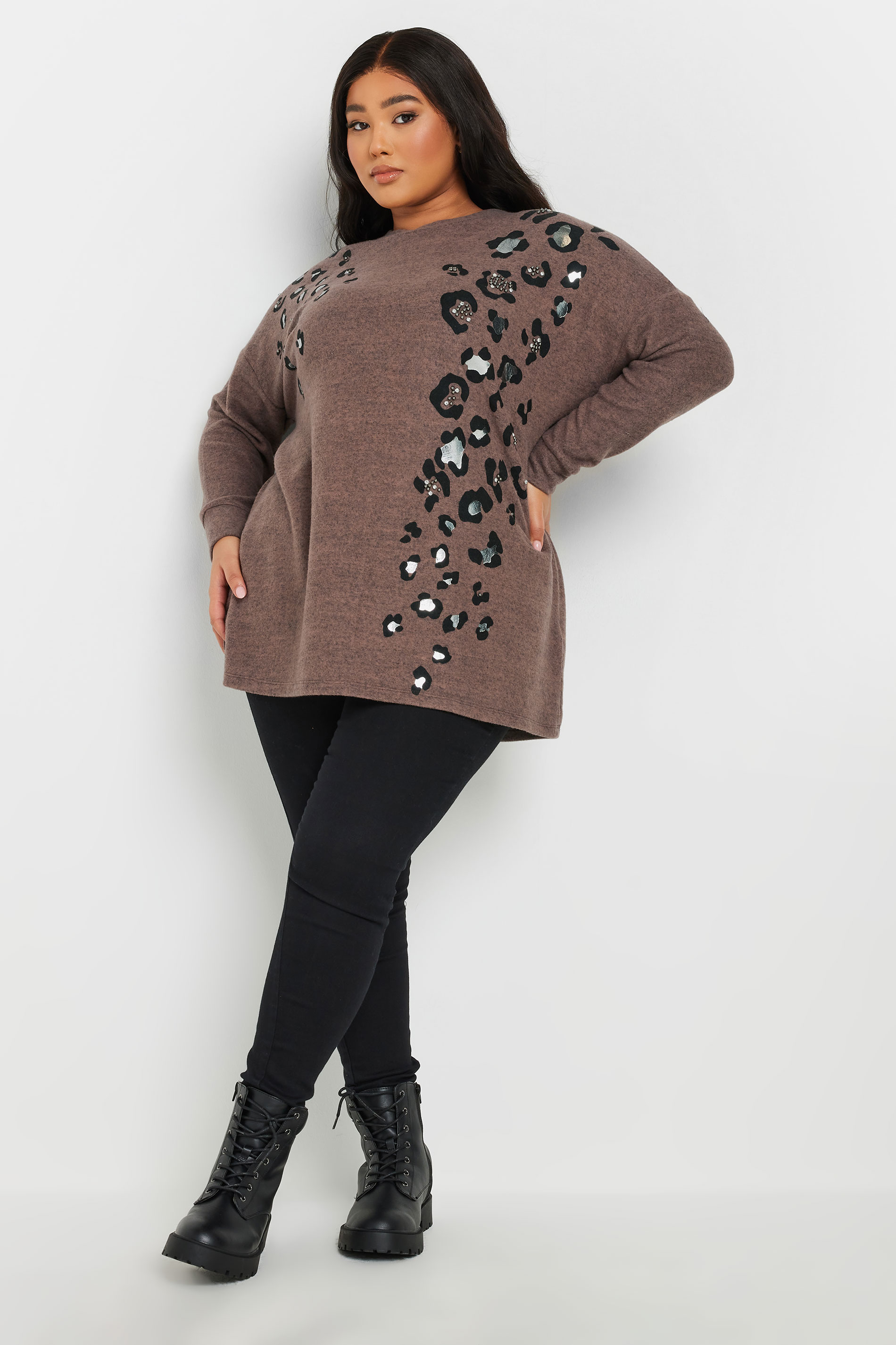 YOURS Plus Size Brown Soft Touch Leopard Print Jumper | Yours Clothing 1