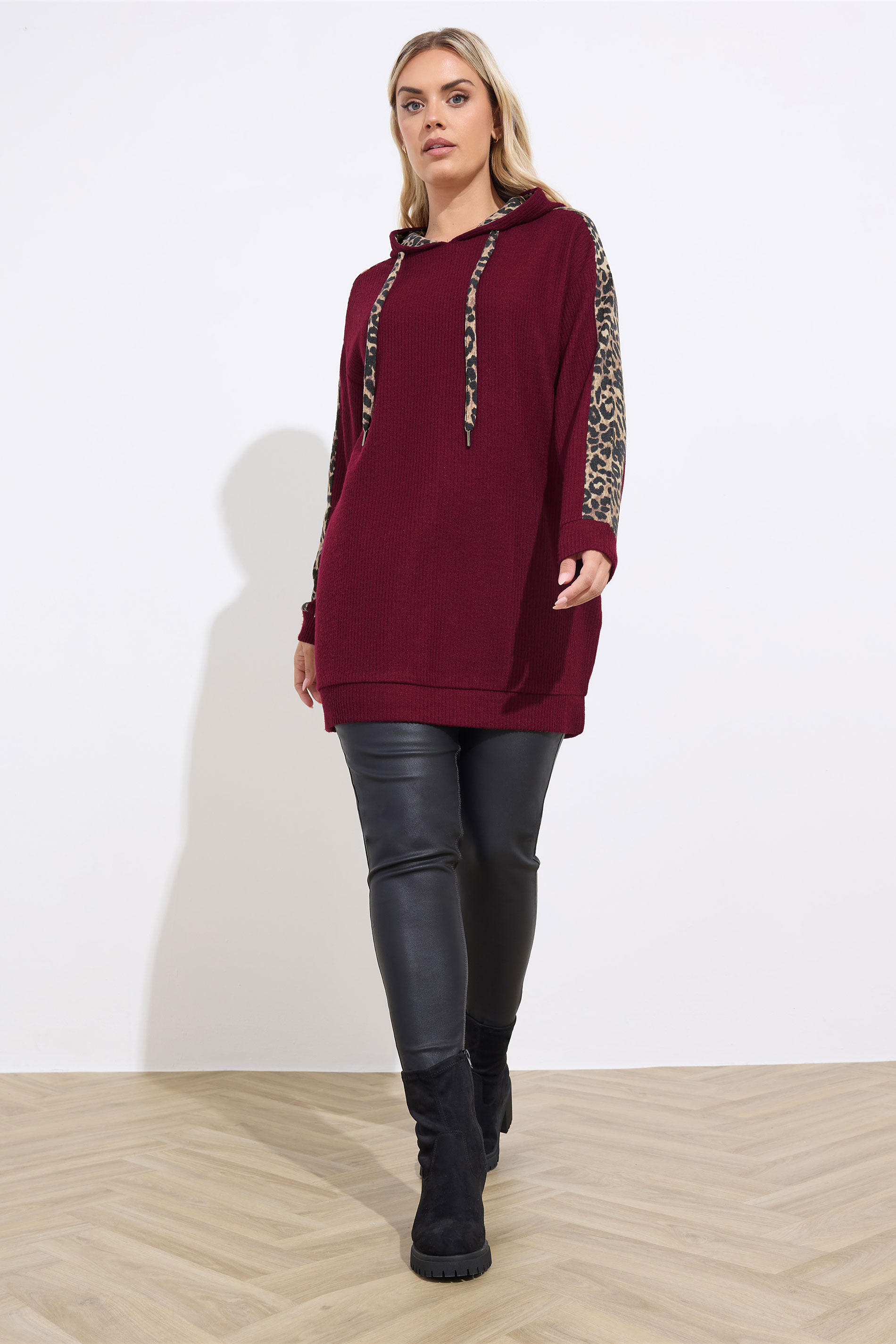 YOURS Plus Size Burgundy Red Leopard Print Trim Hoodie | Yours Clothing  1