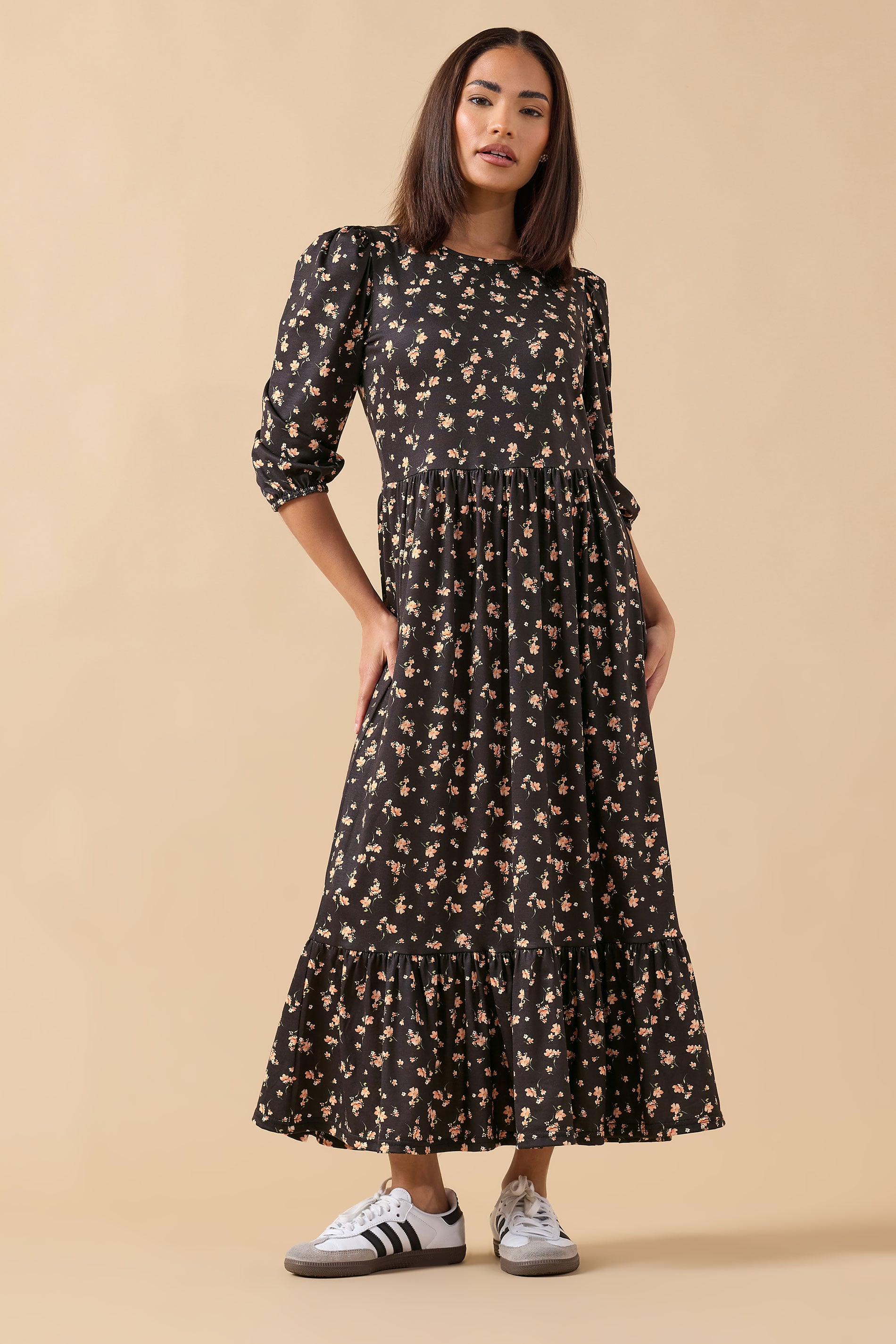 PixieGirl Petite Women's Black Ditsy Tiered Hemline Dress | PixieGirl 3