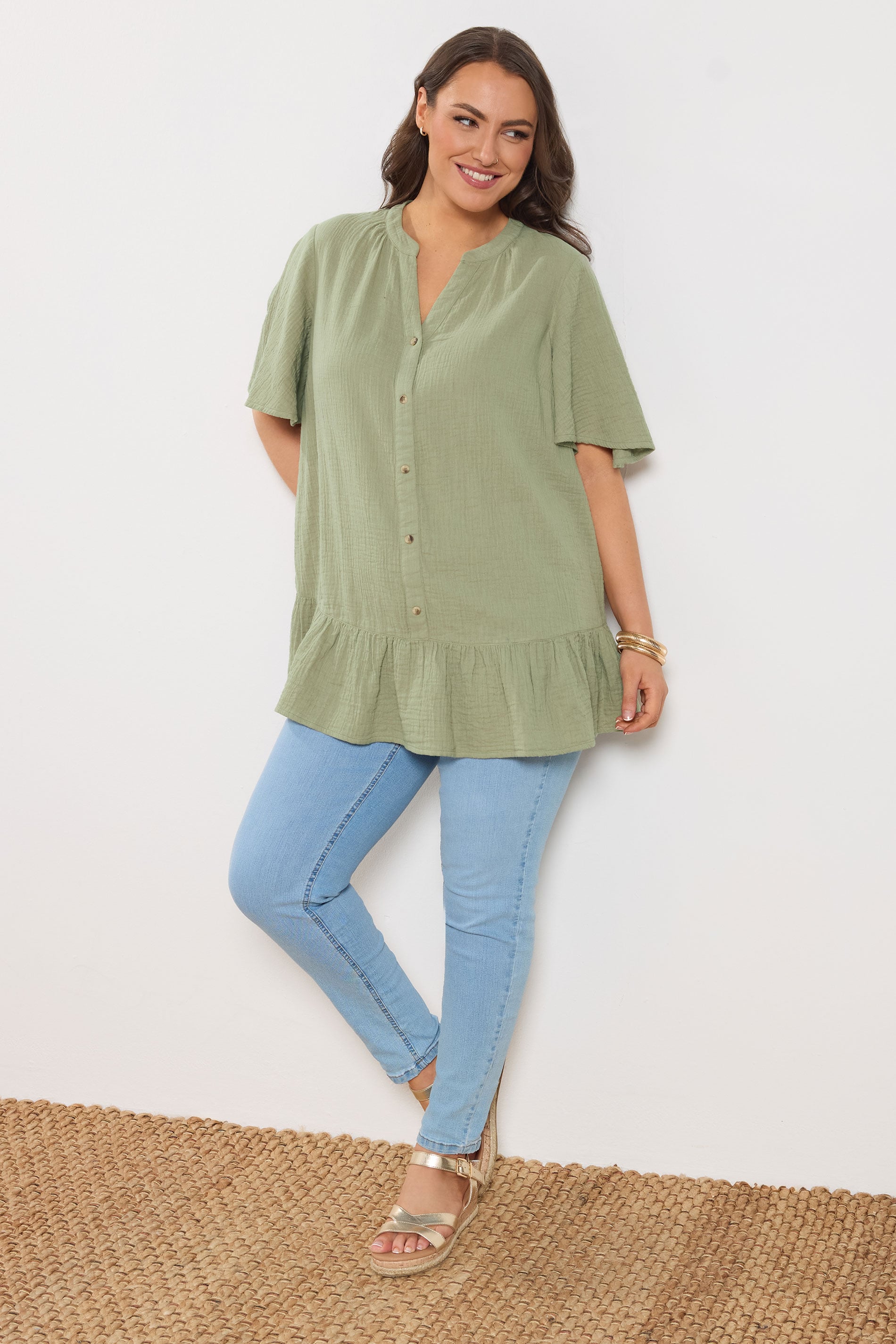 YOURS Plus Size Sage Green Cheesecloth Button Through Top | Yours Clothing 1