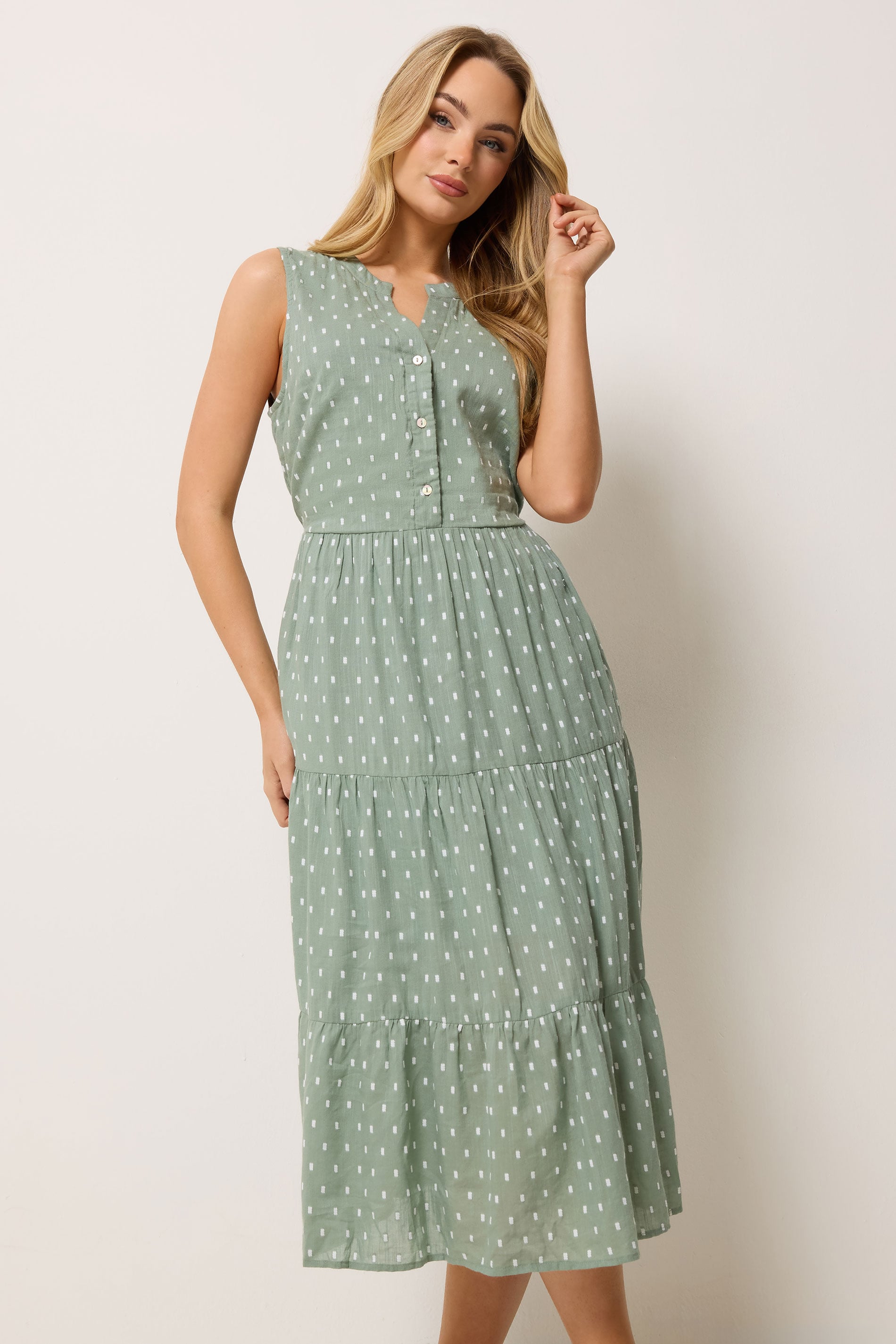 M&Co Sage Green Dobby Sleeveless Cotton Midi Dress | M&Co 1