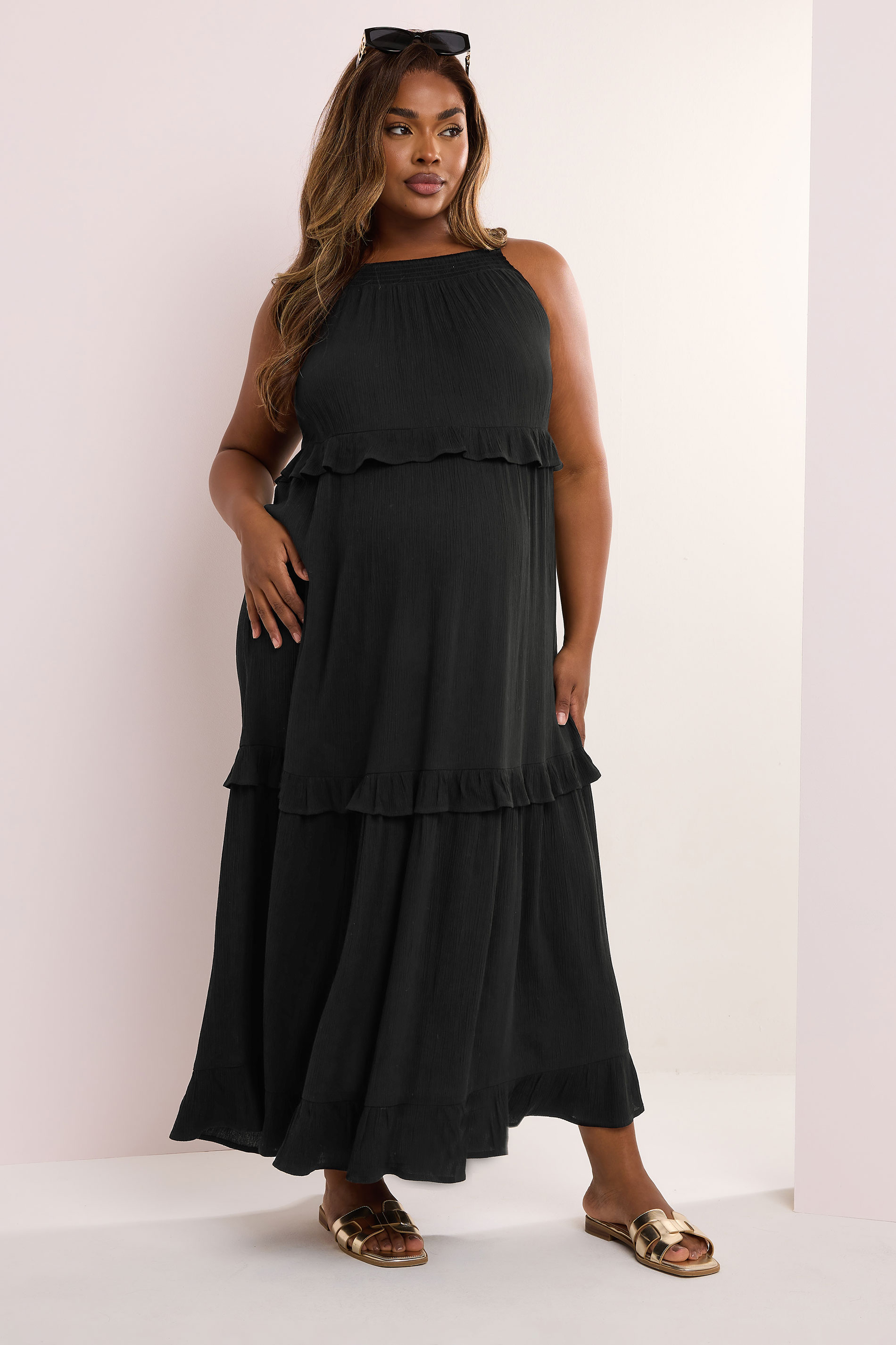 BUMP IT UP MATERNITY Plus Size Black Tiered Frill Maxi Dress | Yours Clothing 3