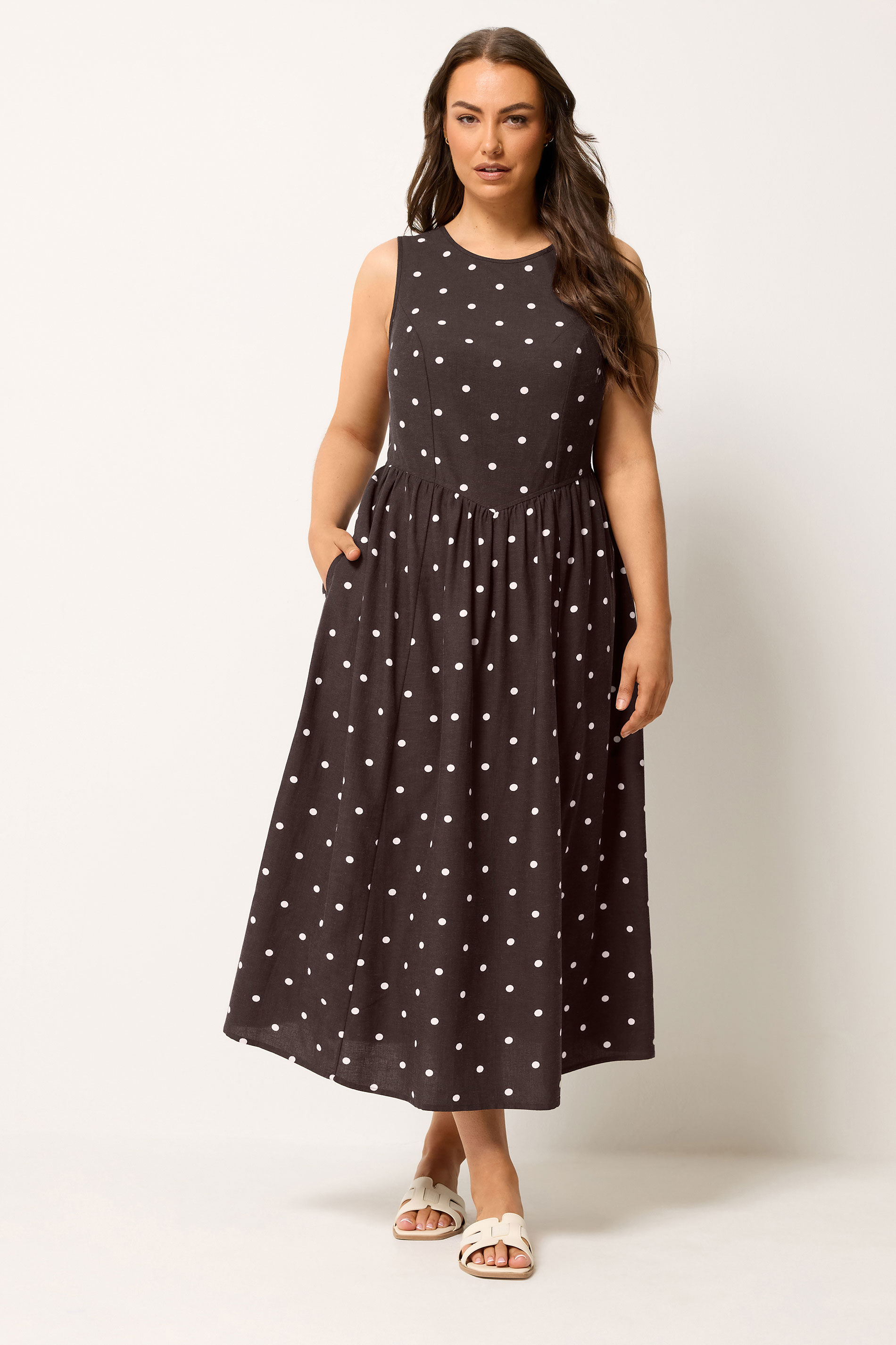 YOURS Plus Size Chocolate Brown Polka Dot Linen Maxi Dress | Yours Clothing 1