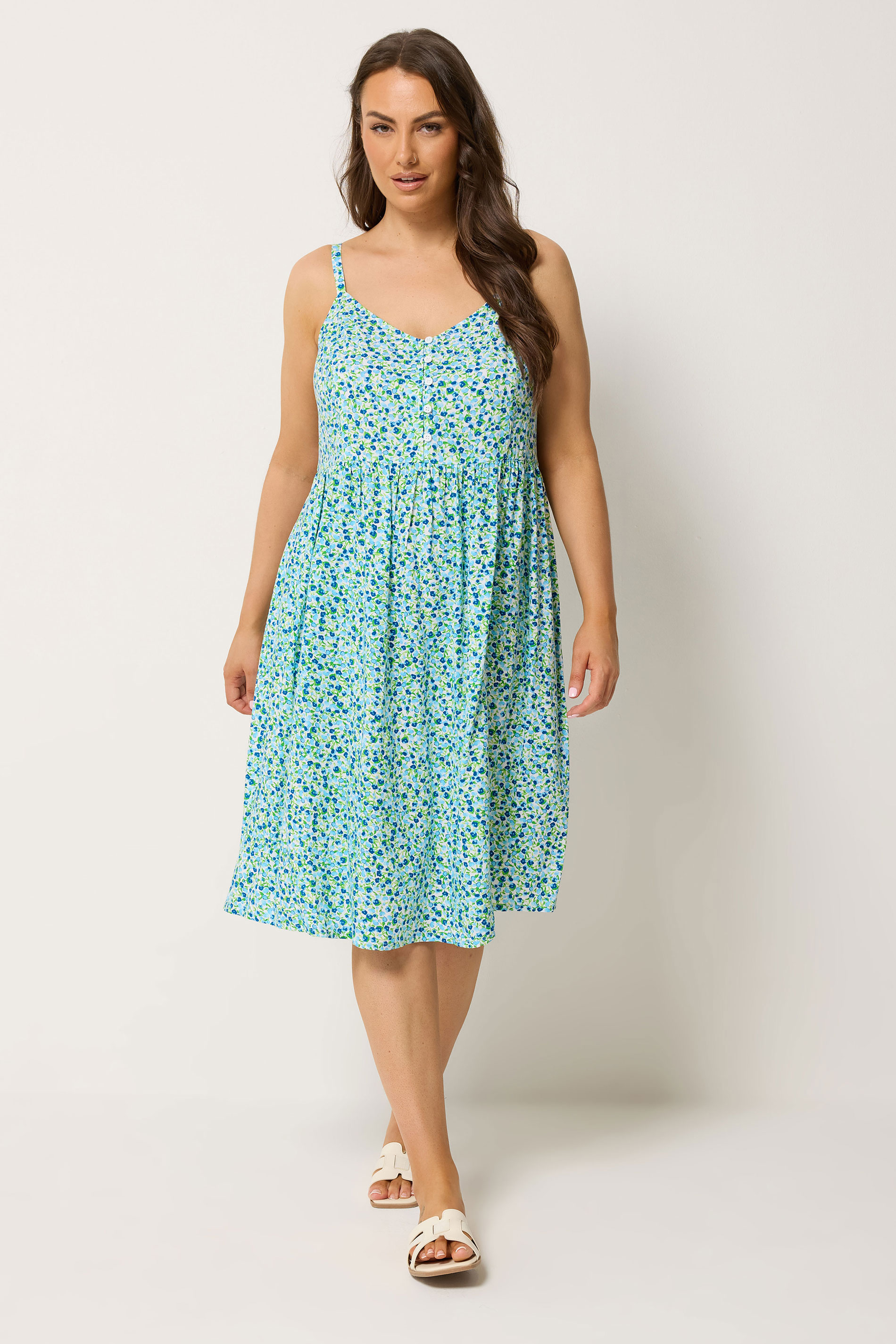 YOURS Plus Size Blue Ditsy Floral Strappy Midi Sundress | Yours Clothing 3