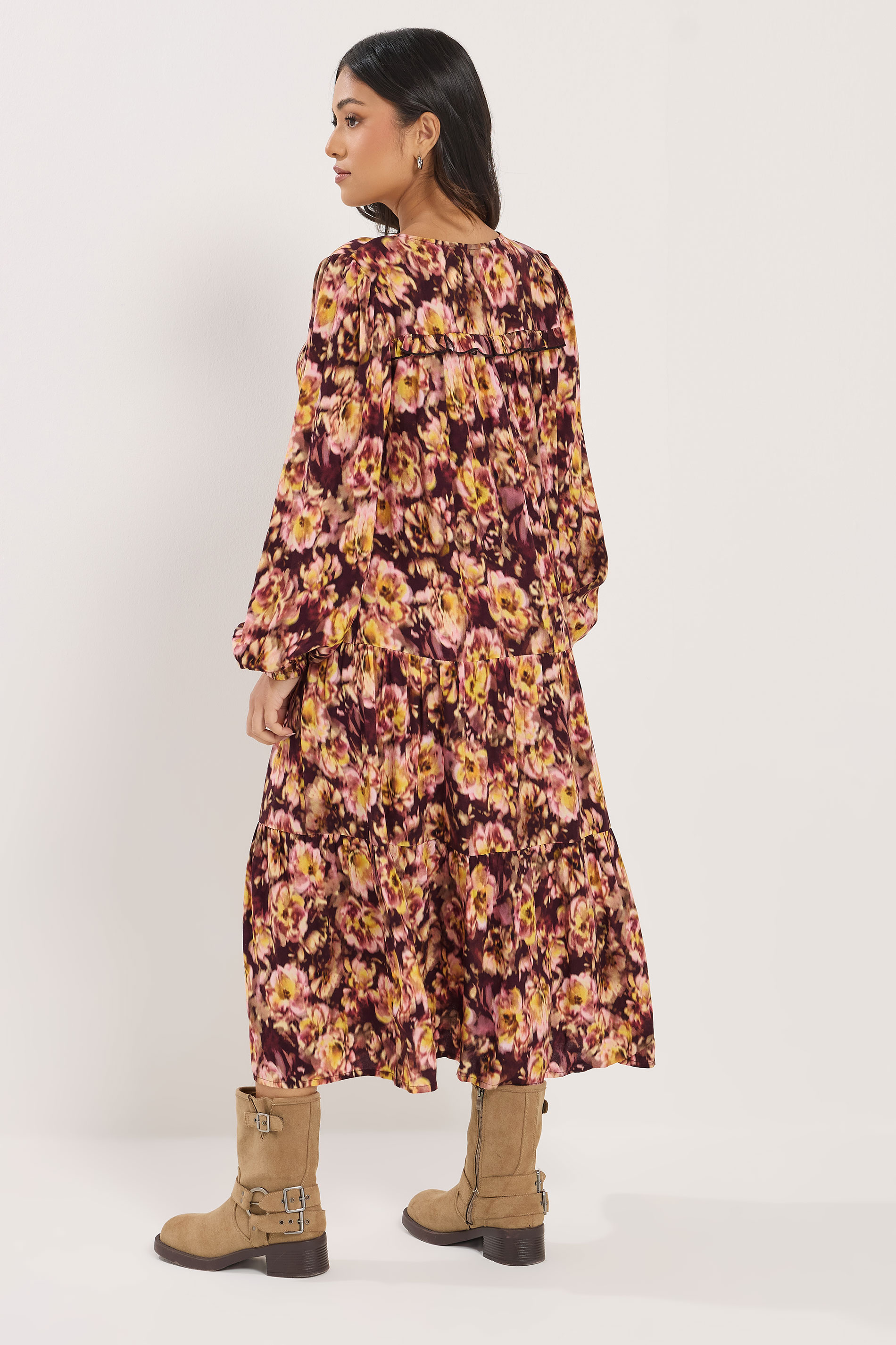 PixieGirl Petite Womens Brown Blurred Floral Ruffle Dress | PixieGirl 2
