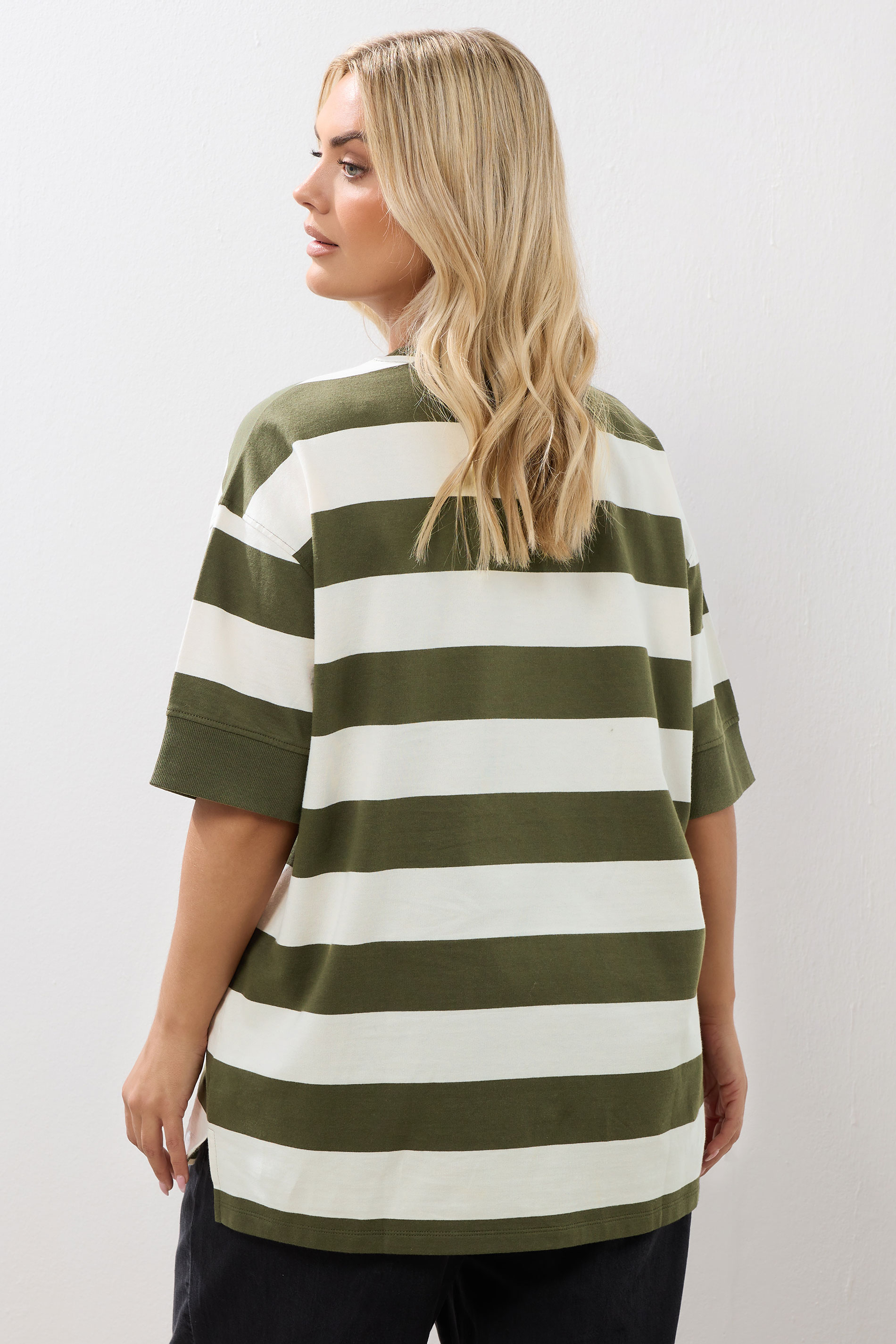 YOURS Plus Size Khaki Green Stripe Heavyweight T-Shirt | Yours Clothing 4