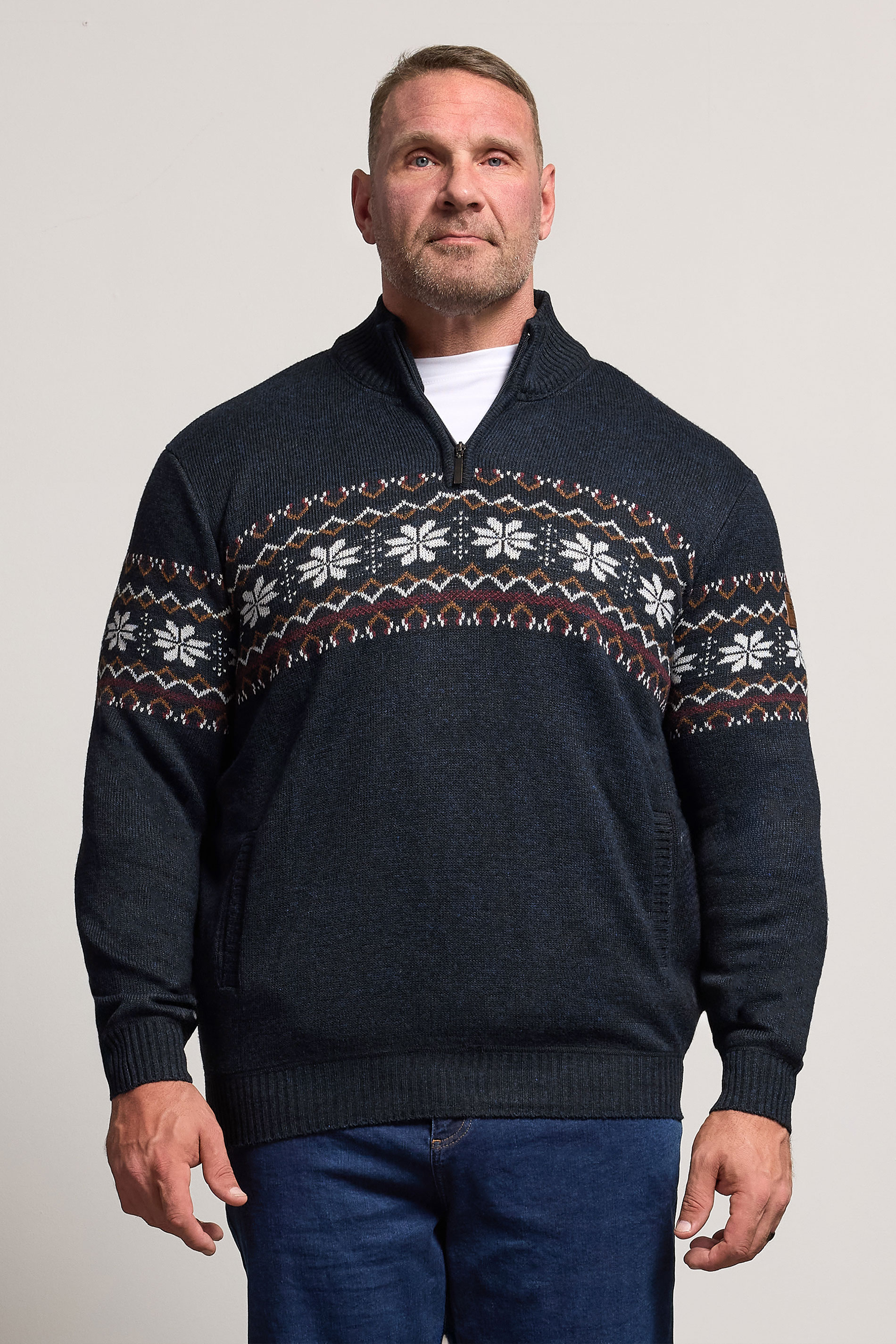 D555 Big & Tall Navy Blue Fairisle Quarter Zip Knitted Jumper | BadRhino 3