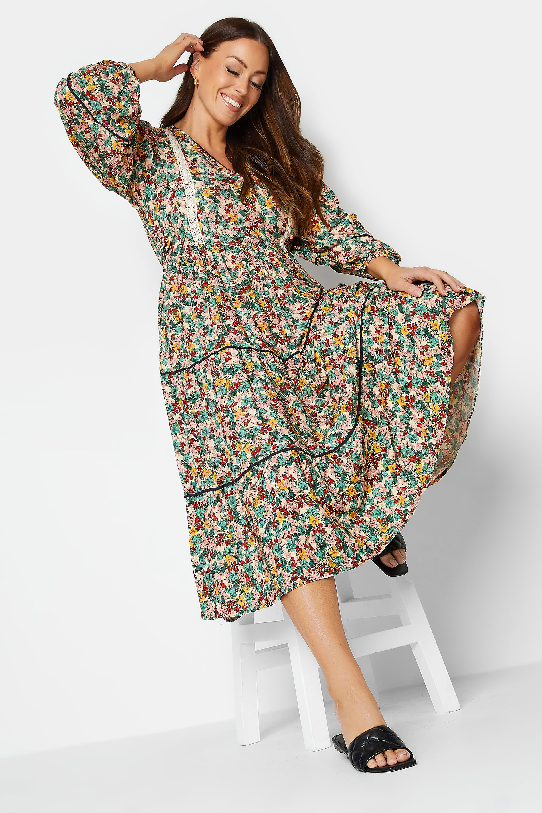 M&Co Green Floral Print Crochet Trim Maxi Dress | M&Co 2