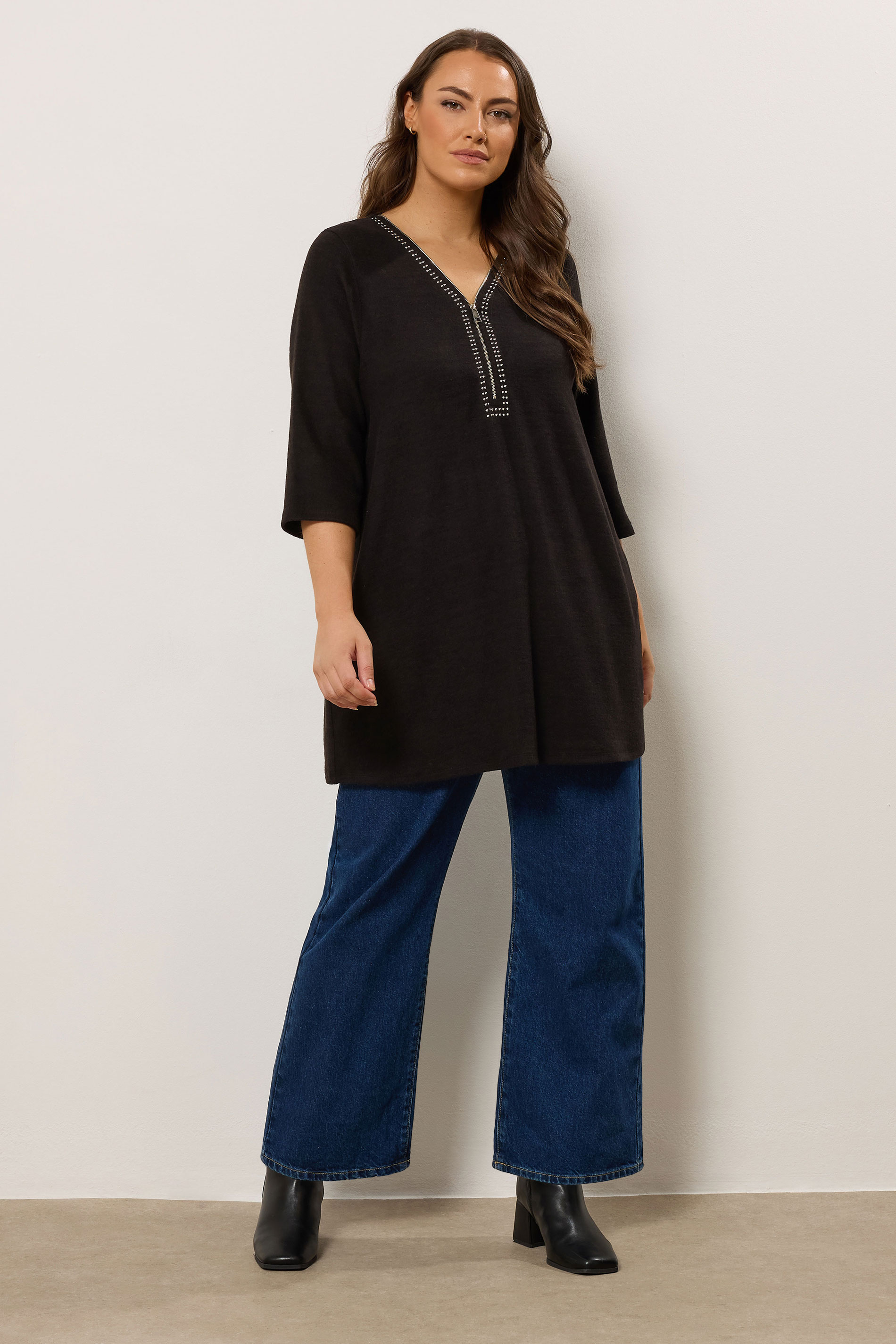 EVANS Plus Size Black Zip Front Stud Detail Top | Evans 1